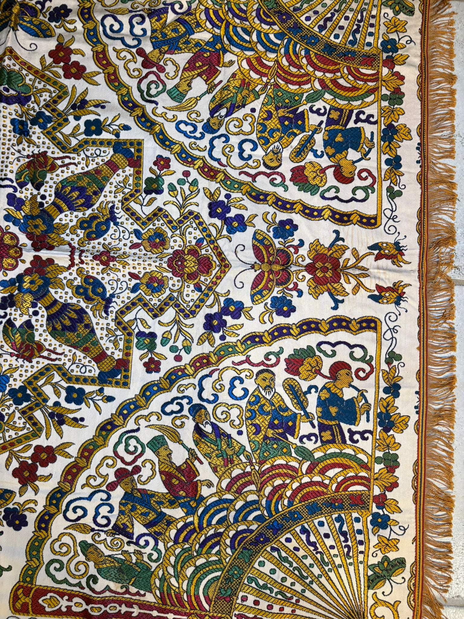 Vintage Gold Brocade Silk Blend Chinoiserie Fringe Tablecloth or Tapestry 55 X 49 - 9