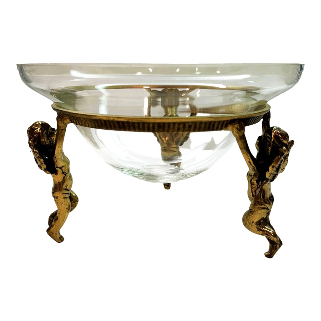 Vintage Clear Hand-Blown Glass Tazza Bowl With Cherub Gilt Metal Centerpiece Tabletop Stand: Vintage Clear Hand-Blown Glass Tazza Bowl With Cherub Gilt Metal Stand Clear hand-blown glass tazza bowl set into a sculptural gilt metal stand with three cherubs (putti) supporting the vessel.
