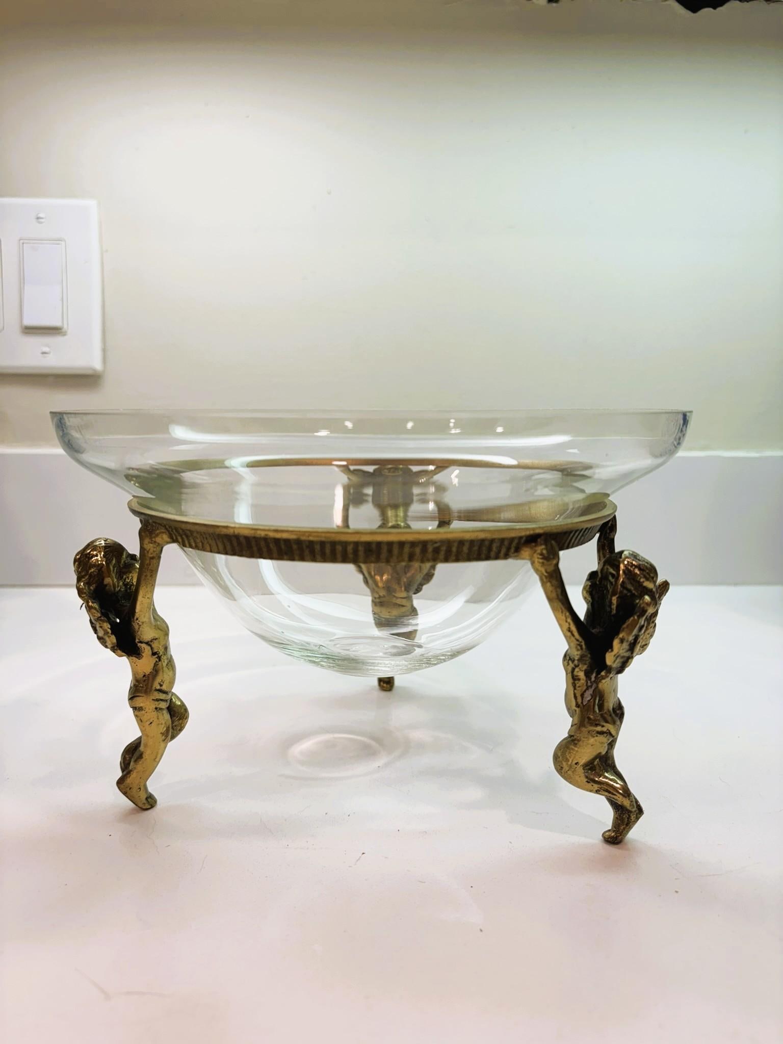 Vintage Clear Hand-Blown Glass Tazza Bowl With Cherub Gilt Metal Centerpiece Tabletop Stand - 2