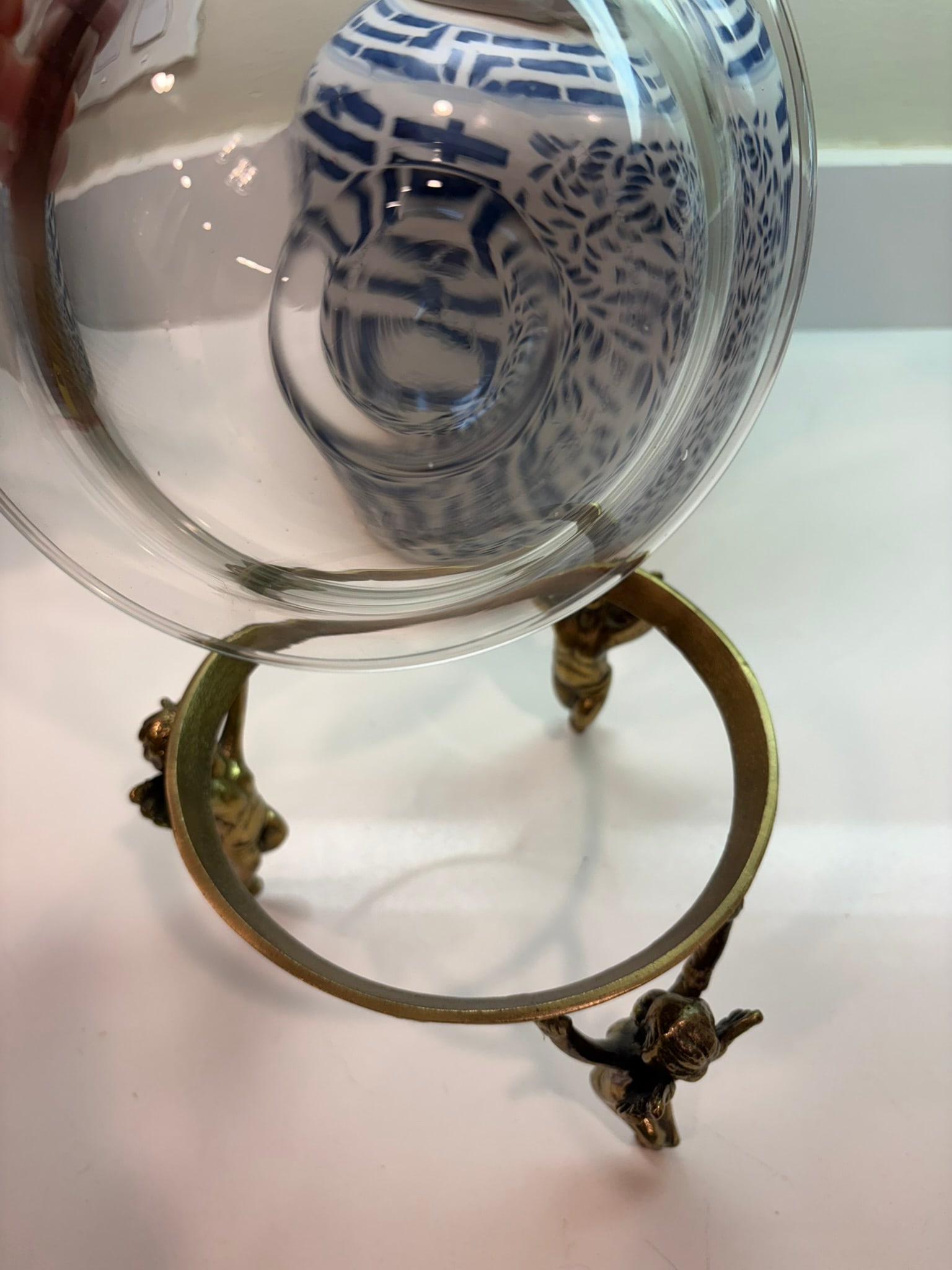 Vintage Clear Hand-Blown Glass Tazza Bowl With Cherub Gilt Metal Centerpiece Tabletop Stand - 3