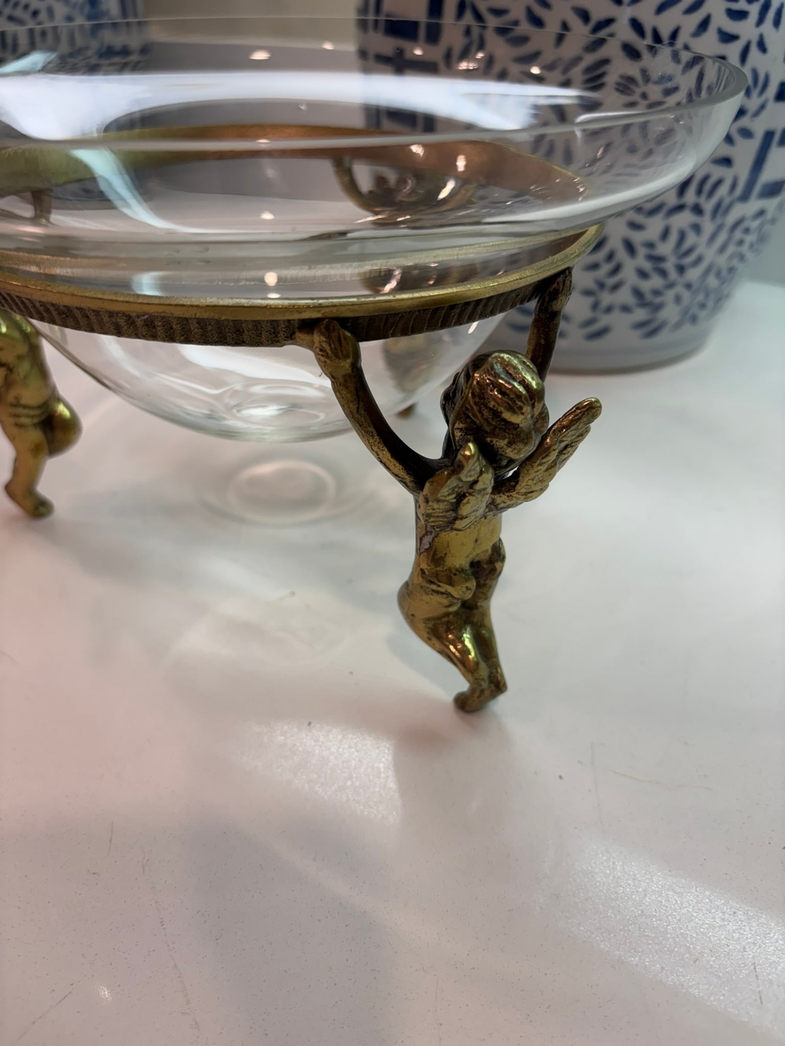 Vintage Clear Hand-Blown Glass Tazza Bowl With Cherub Gilt Metal Centerpiece Tabletop Stand - 4