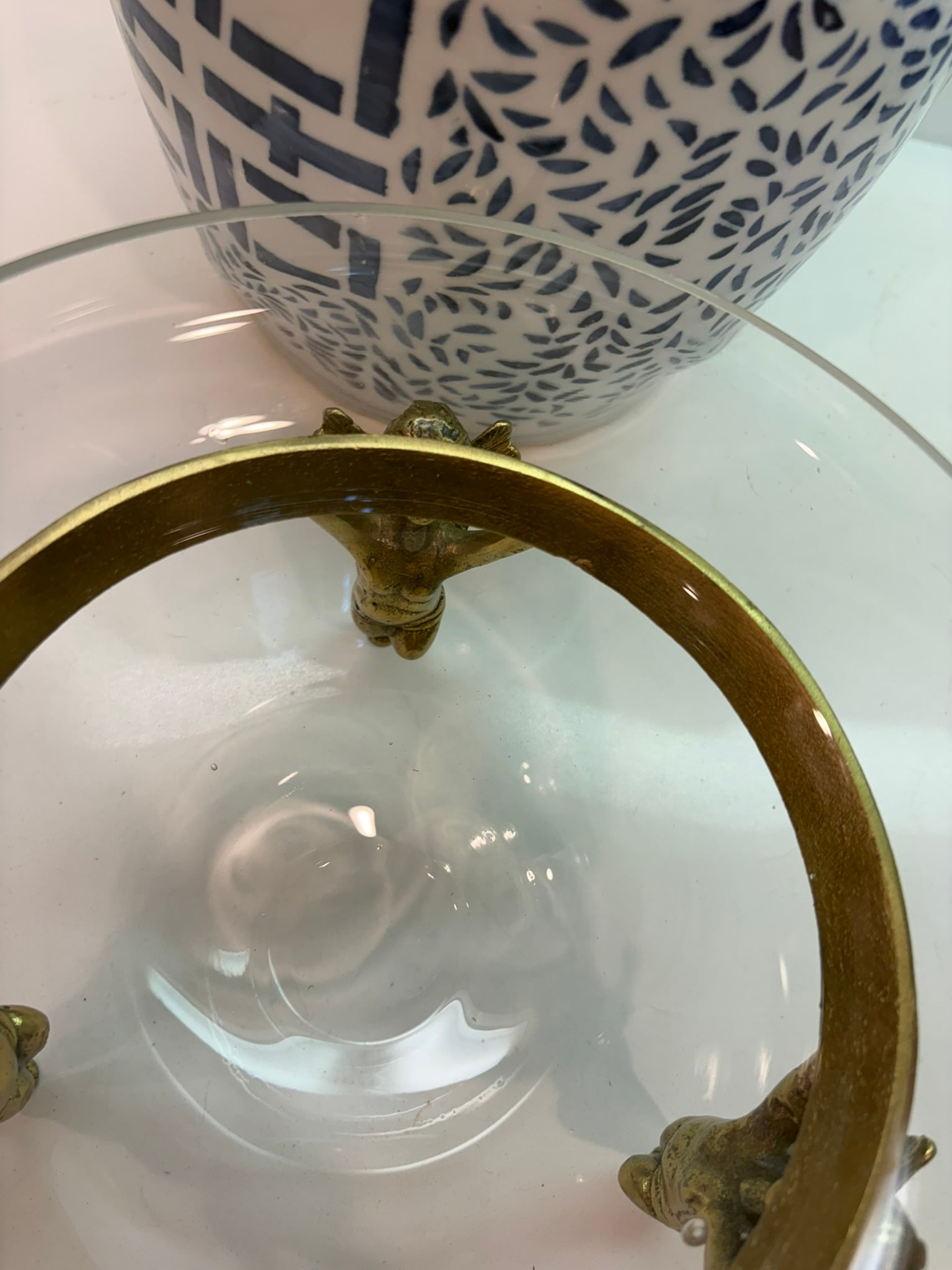 Vintage Clear Hand-Blown Glass Tazza Bowl With Cherub Gilt Metal Centerpiece Tabletop Stand - 5