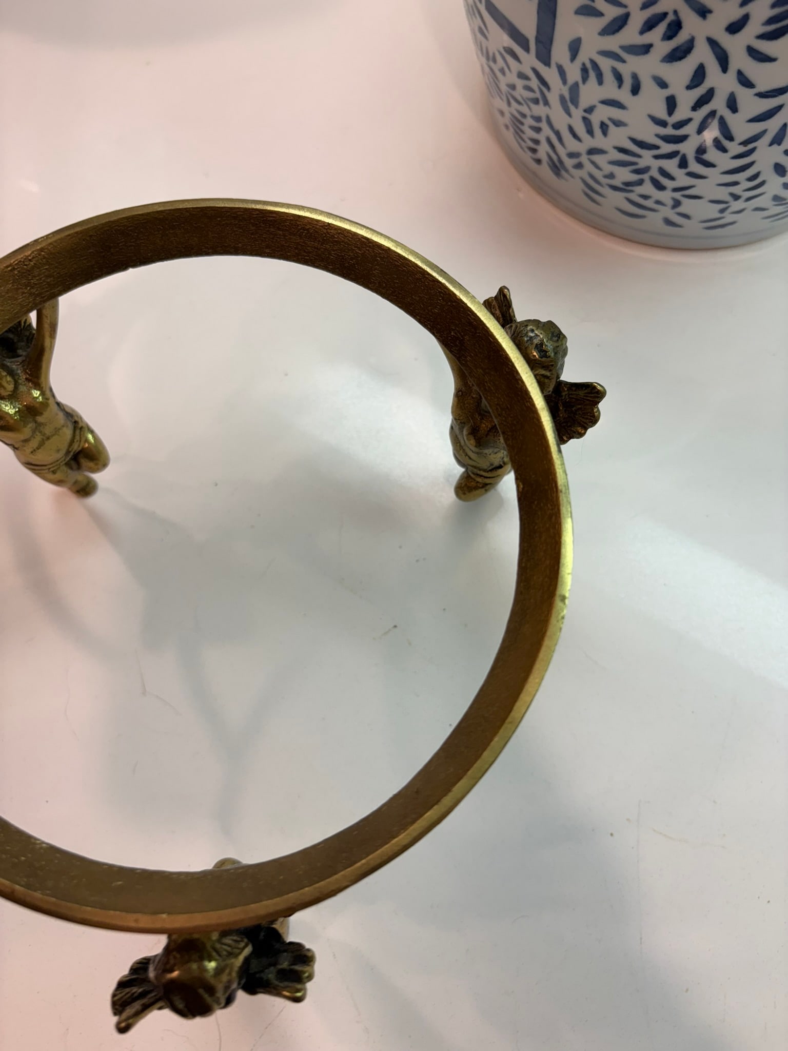 Vintage Clear Hand-Blown Glass Tazza Bowl With Cherub Gilt Metal Centerpiece Tabletop Stand - 6
