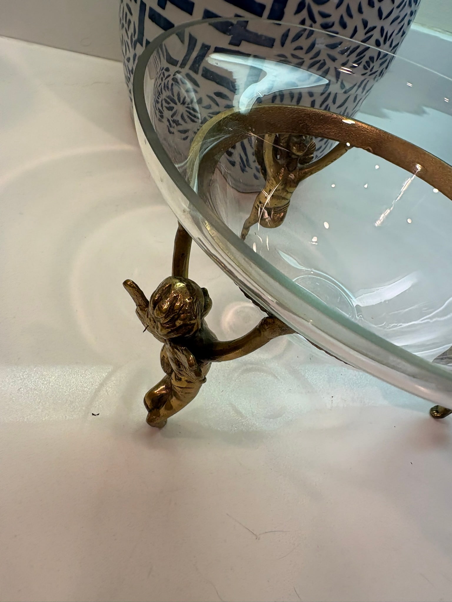 Vintage Clear Hand-Blown Glass Tazza Bowl With Cherub Gilt Metal Centerpiece Tabletop Stand - 7