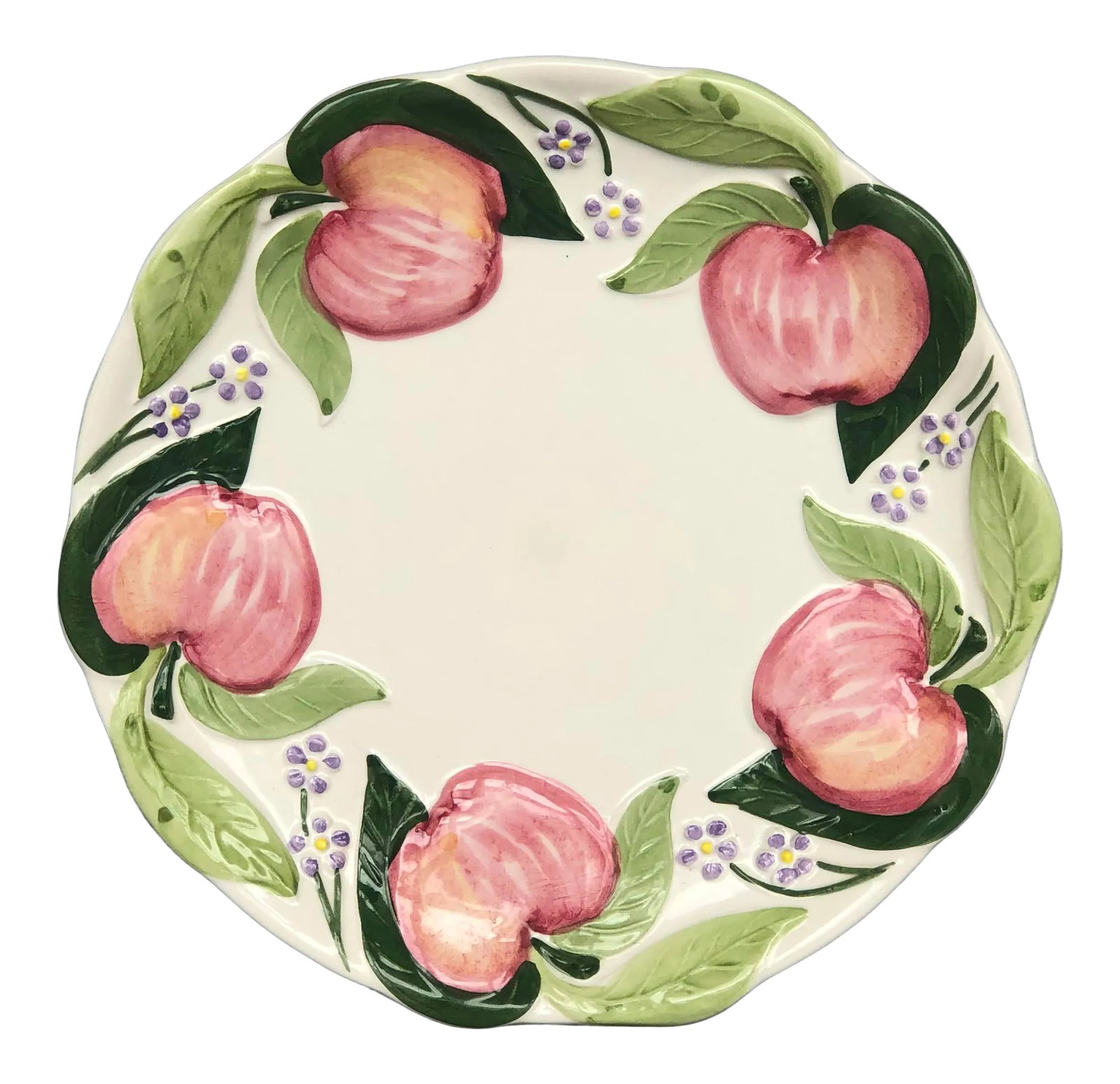 Vintage Decorative Majolica Pottery Plate: Display this decorative vintage Majolica pottery plate on a wall or hutch or use the dish to serve cookies or small tidbits. The vintage ceramic plate has red apples and green leaves around the rim. T