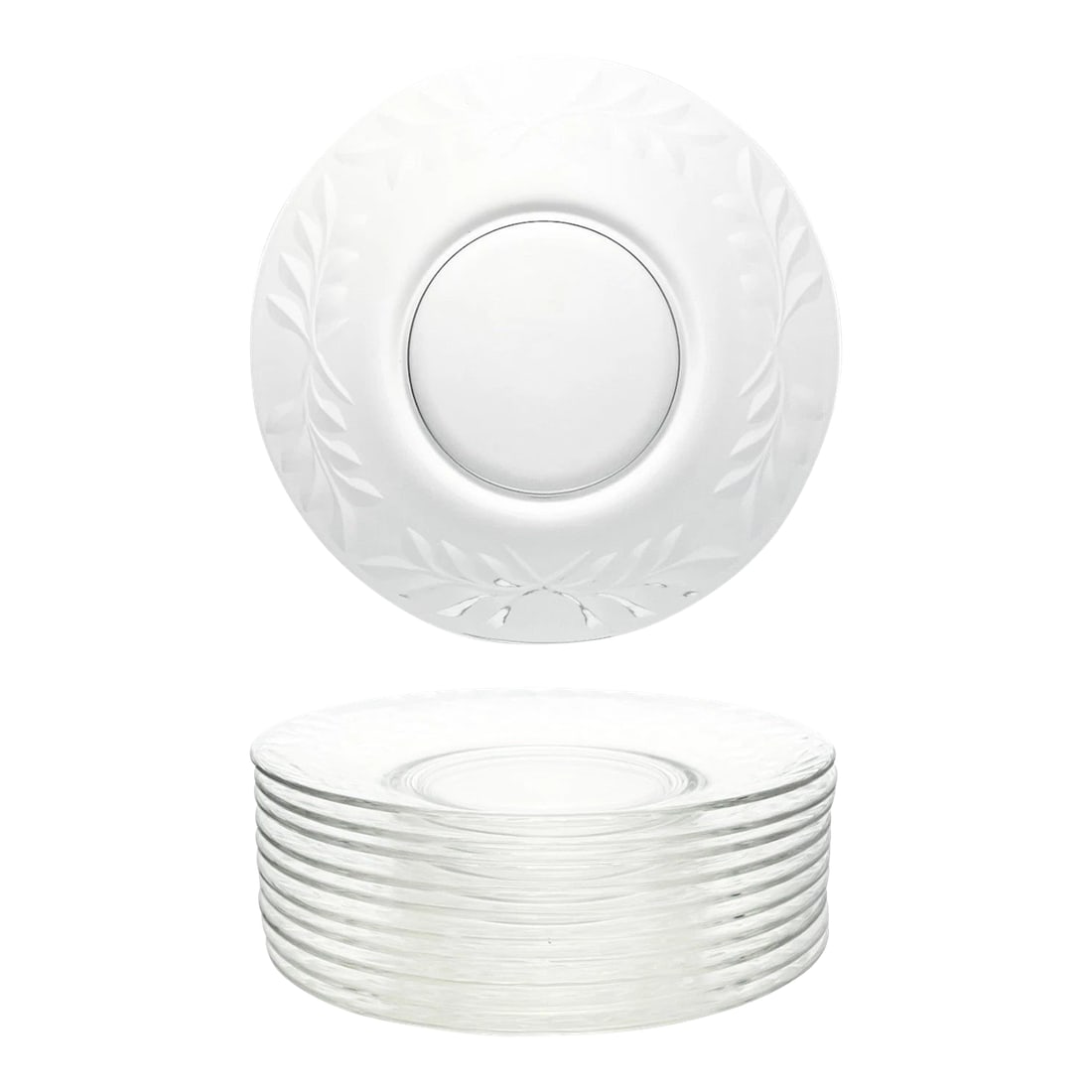 1940s Vintage Mid-Century Modern Etched Glass Salad or Luncheon Plates Laurel Leaves - Set of 10: 1940s Vintage Set of 10 Etched Glass Salad or Luncheon Plates 8" Laurel Leafs Good vintage condition. No chips, cracks, or fleabites. Length 8" Height 5/8" Circa 1940-50s Condition: Alterations: Origi