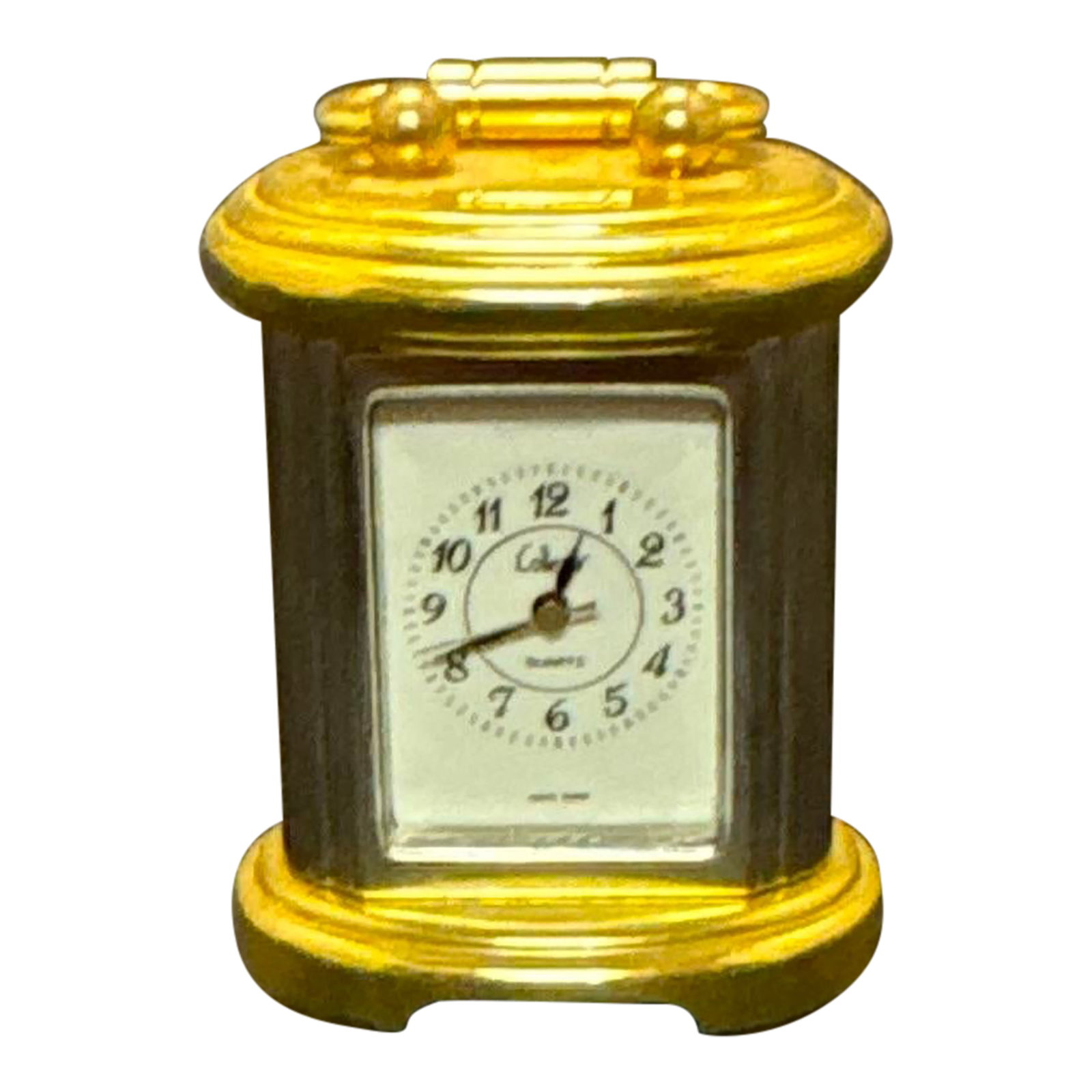 VTG Moulin LTD Miniature Brass Carriage Clock Gold Tone Japan Movt Quartz Mantel: The VTG MOULIN LTD Miniature Brass Carriage Clock is a charming and elegant collectible piece perfect for any mantel or desk. With a classic gold tone finish and crafted from brass, it exudes a