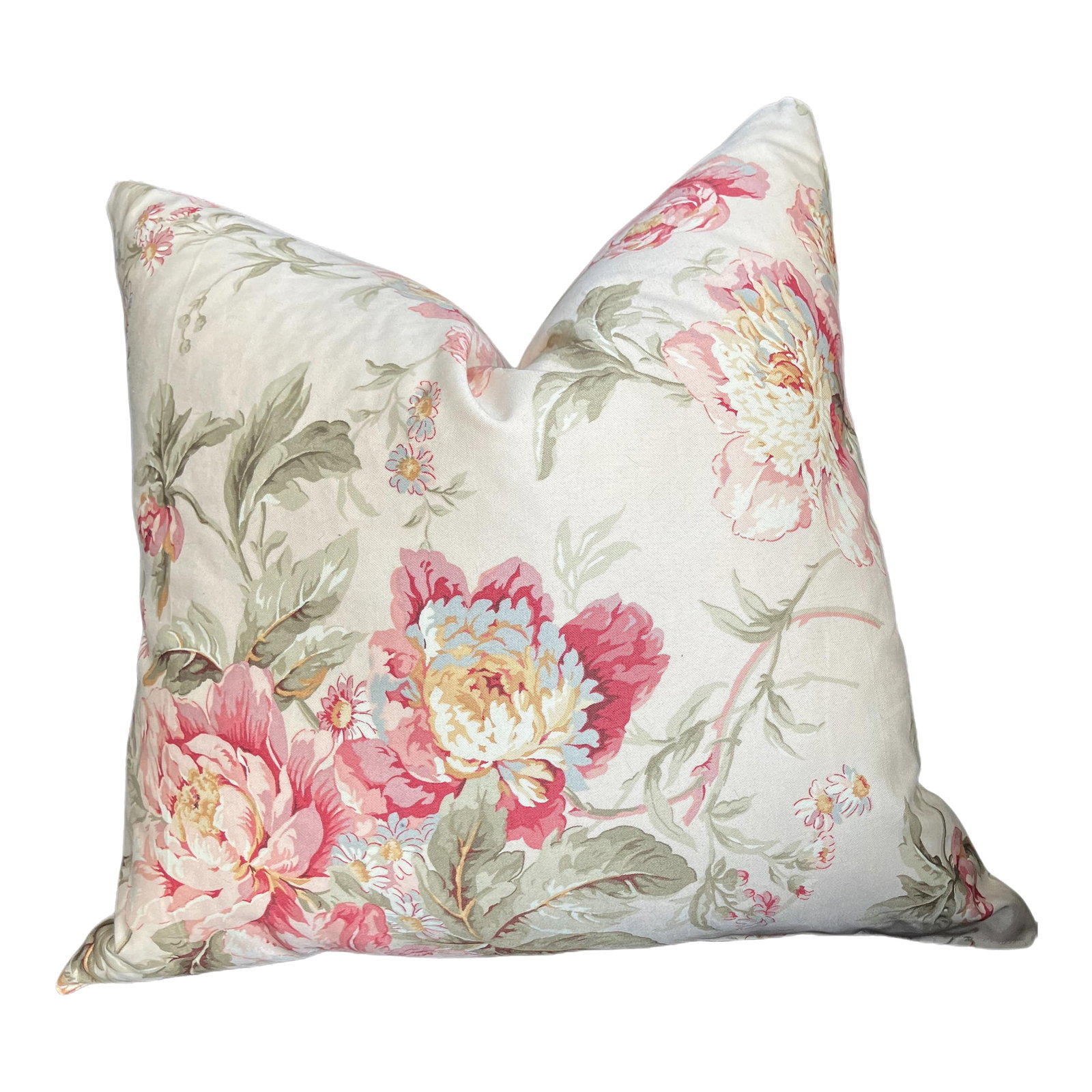 Vintage Handmade Waverly's "Forever Yours Peony" Fabric Down Throw Pillow: This pillow features a classic, romantic floral design with pink peonies, green foliage and berry tones on a light tan background giving a timeless, romantic feel. It also evokes French Country,