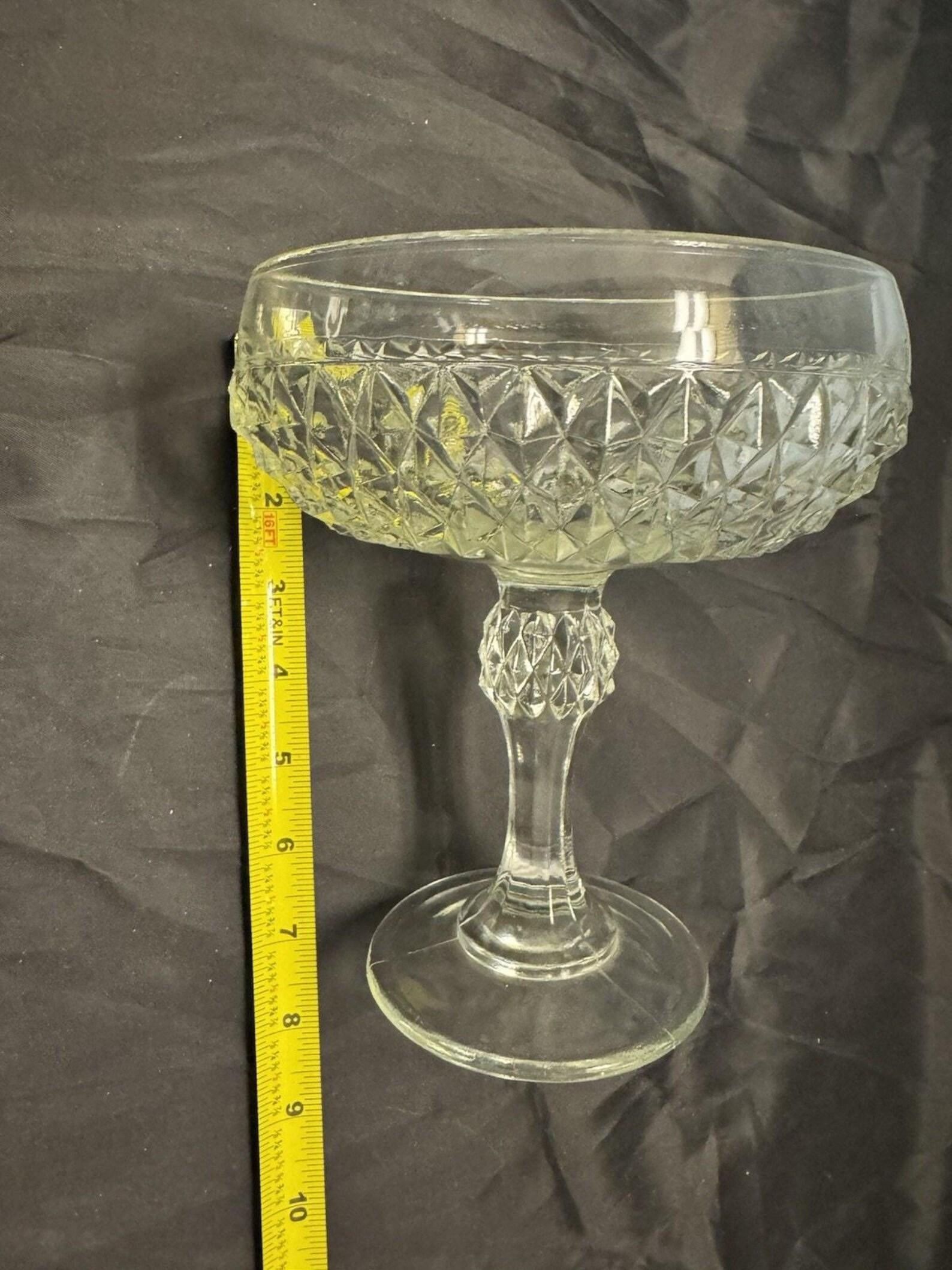 Vintage Indiana Glass Pedestal Clear Compote Fruit Bowl Diamond Point 7.25" Tall - 5