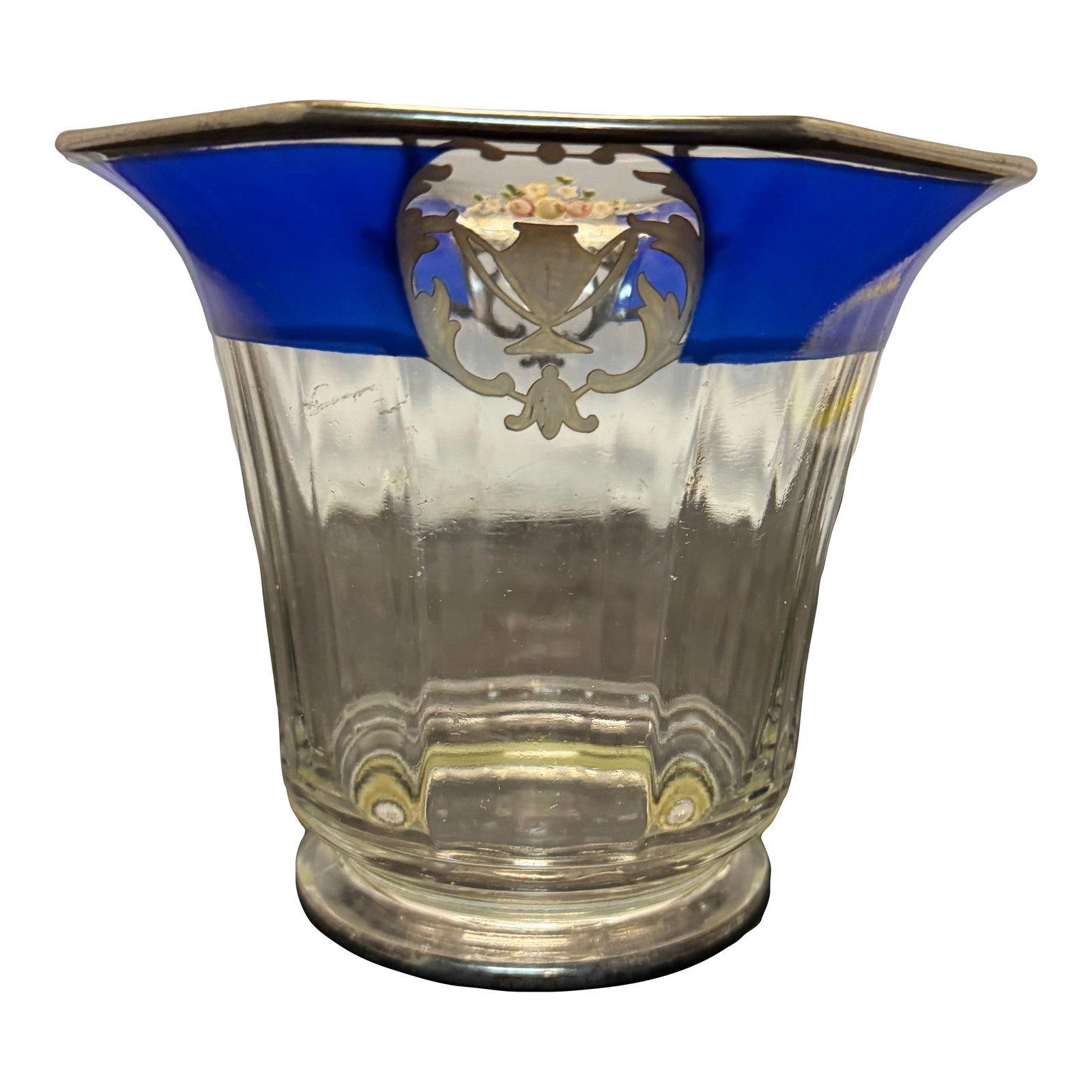 Vintage Westmoreland Glass Cobalt Blue & Silver Overlay Candy Dish Floral Urn: The Covered Candy Jar with Gold & Cobalt Trim is a vintage original piece from Westmoreland, known for their elegant glassware. This Victorian style candy dish features a clear glass with gold and cob