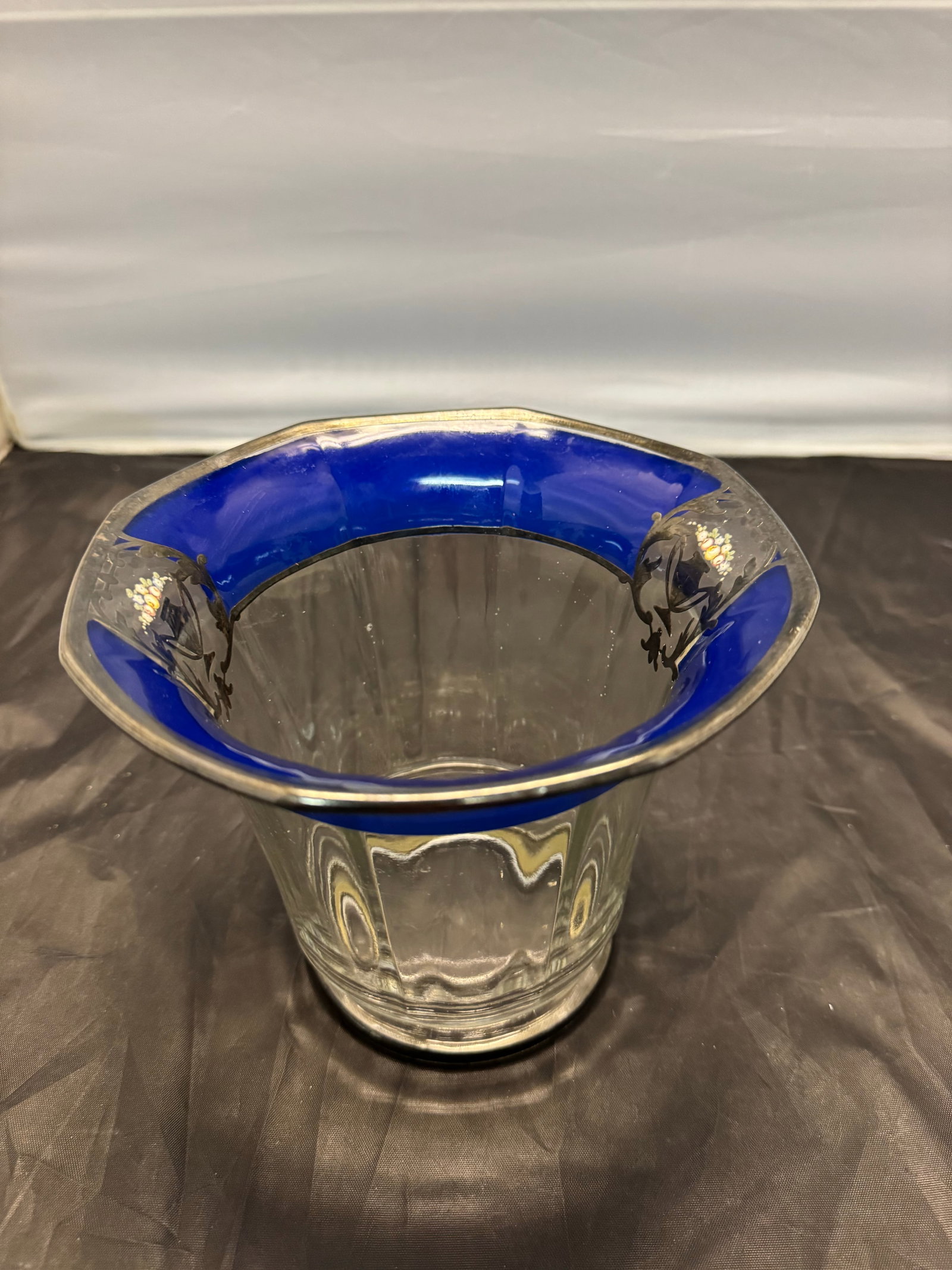 Vintage Westmoreland Glass Cobalt Blue & Silver Overlay Candy Dish Floral Urn - 4