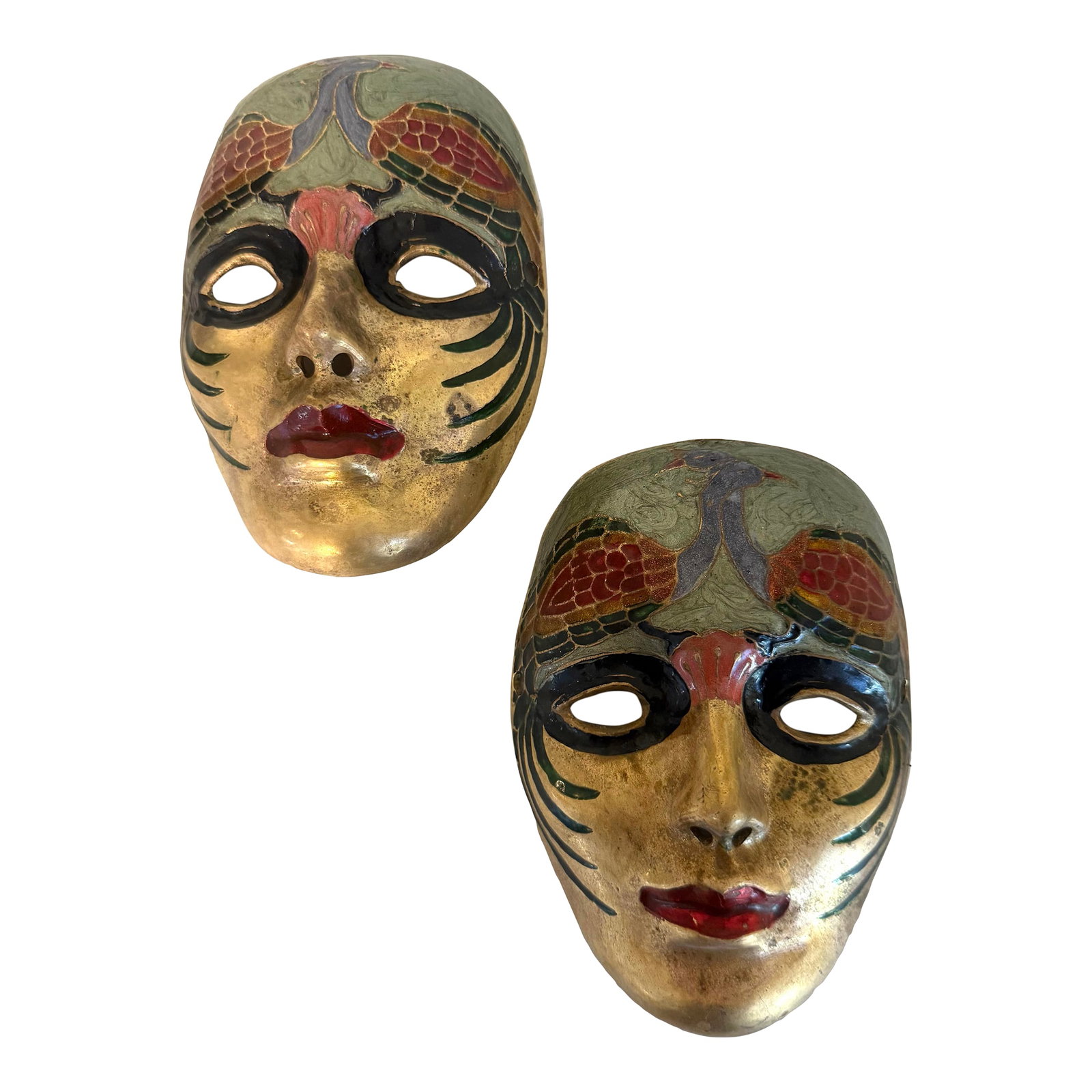 Vintage Brass Venetian-Style/Mardi Gras Theatrical Mask: This vintage Venetian/Mardi Gras theatrical mask is crafted from solid brass and decorated with hand-painted colored enamel. Condition: Alterations: Original Condition Unaltered Imperfections: Some