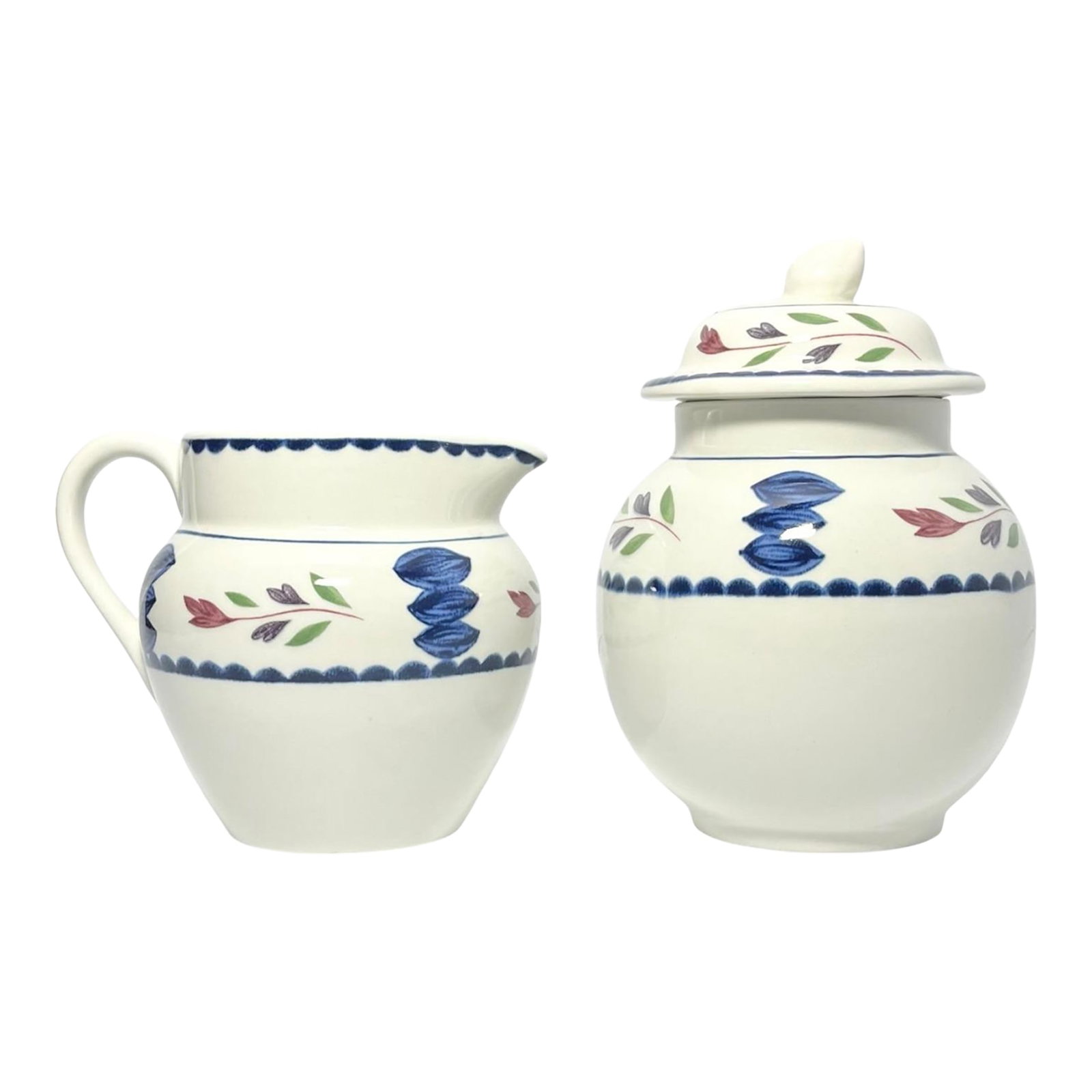 1990s Adams "Lancaster" Pair of Ironstone Creamer & Sugar Bowl: Adams "Lancaster" Pair of Ironstone Creamer 3 3/8" 8oz & Sugar Bowl w/Lid 5 1/8" Good vintage condition. No chips, cracks, or fleabites. Creamer Lender (Handle to Spout) 4 1/4" Width 3 1/2" Height 3