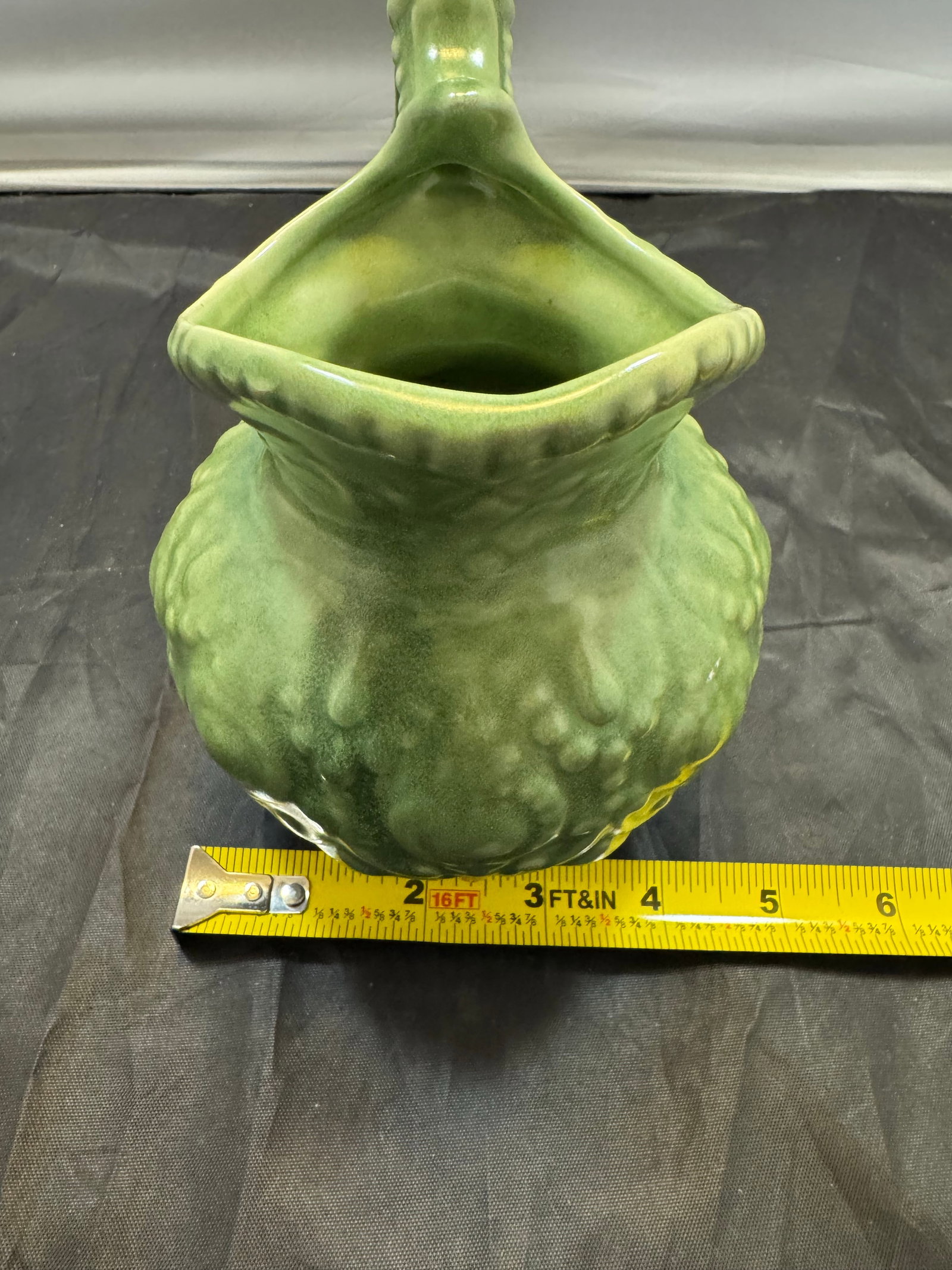 Vintage Mid Century Modern Camark Pottery Sage Green Ornate Pitcher 6" - 10