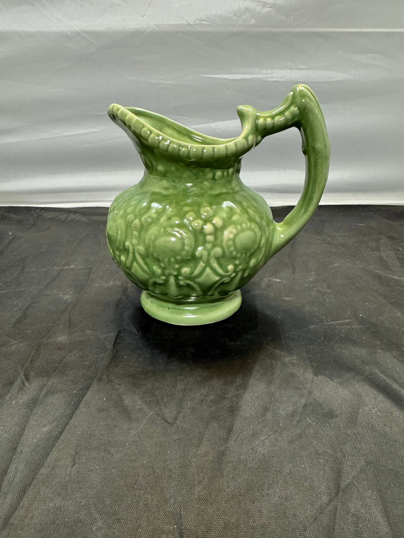 Vintage Mid Century Modern Camark Pottery Sage Green Ornate Pitcher 6" - 3