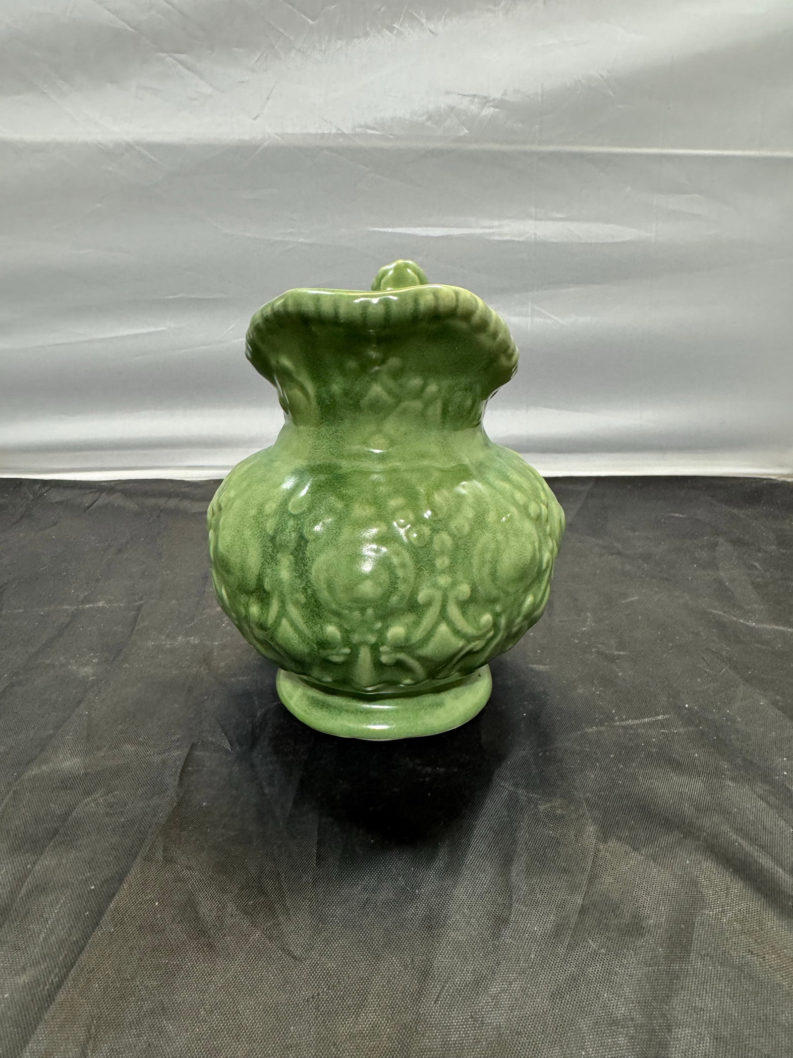 Vintage Mid Century Modern Camark Pottery Sage Green Ornate Pitcher 6" - 4