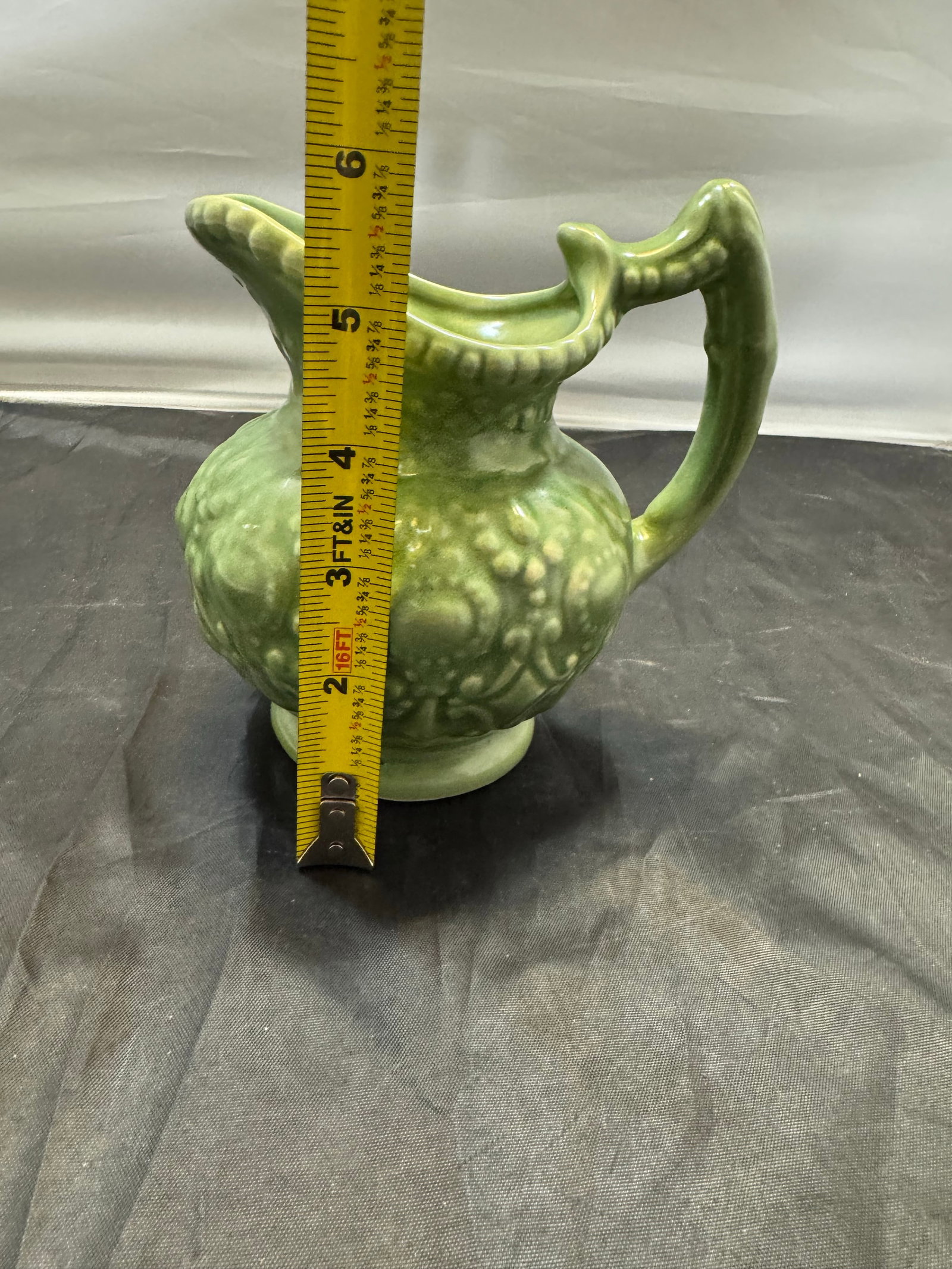 Vintage Mid Century Modern Camark Pottery Sage Green Ornate Pitcher 6" - 8