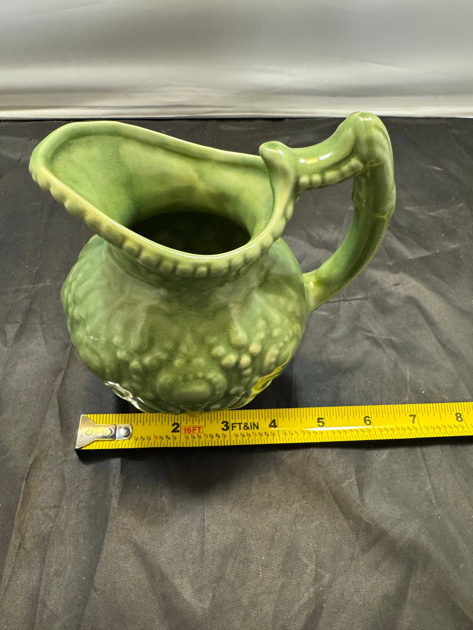 Vintage Mid Century Modern Camark Pottery Sage Green Ornate Pitcher 6" - 9