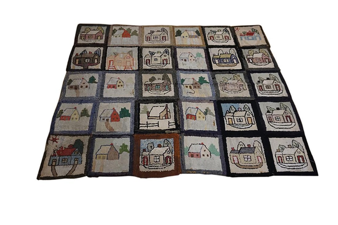 1880s Multicolor Geometric Antique American Hooked Rug 4' 11" X6' Handknotted Wool Carpet - 2