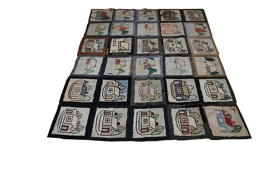 1880s Multicolor Geometric Antique American Hooked Rug 4' 11" X6' Handknotted Wool Carpet - 5