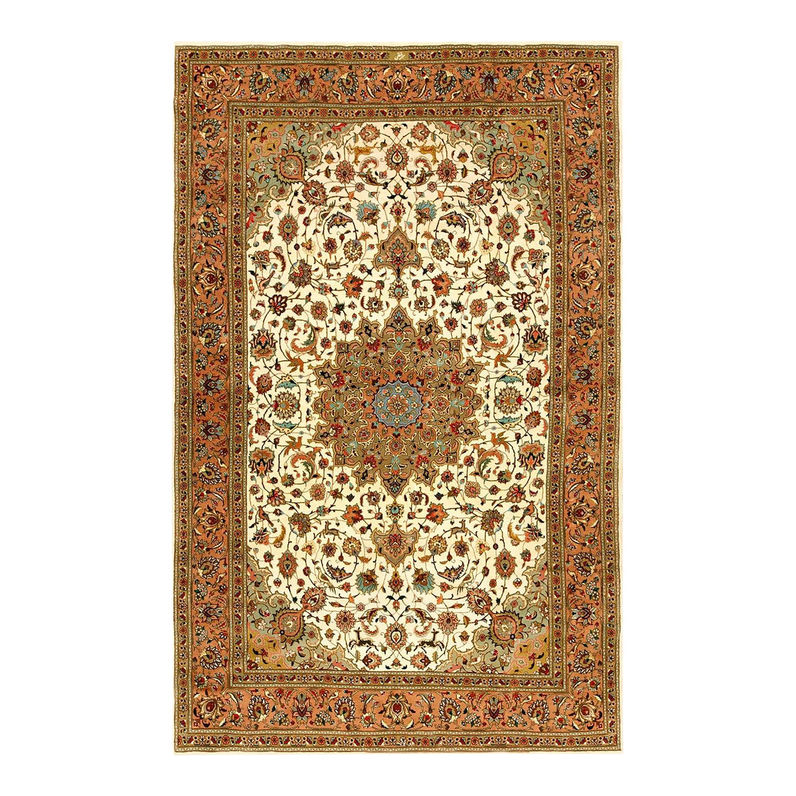 1940s Ivory Medallion Antique Persian Tabriz Rug Silk Highlights 5'11" X 9'6" Handknotted Wool Carpe: Mid 20th Persian Tabriz Carpet with Silk Highlights ( 5'11" x 9'6" - 180 x 290 ) Condition: Alterations: Unknown Imperfections: Some Imperfections Condition Notes: Good Materials & Techniques: Sil