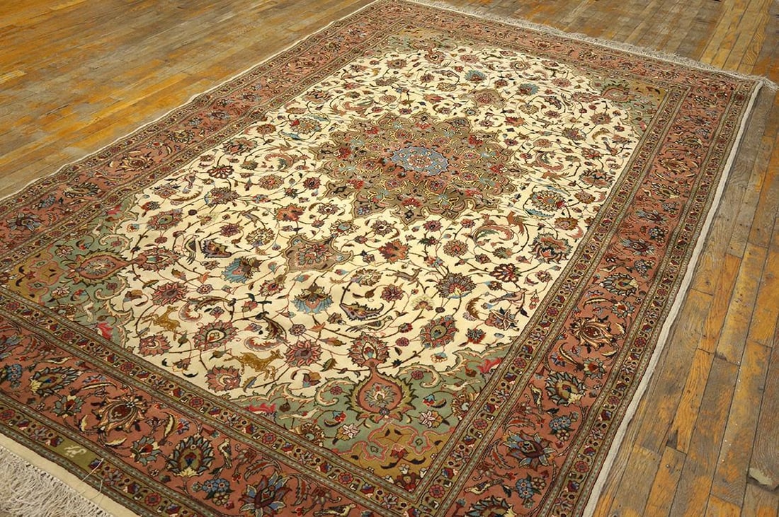1940s Ivory Medallion Antique Persian Tabriz Rug Silk Highlights 5'11" X 9'6" Handknotted Wool Carpe - 2