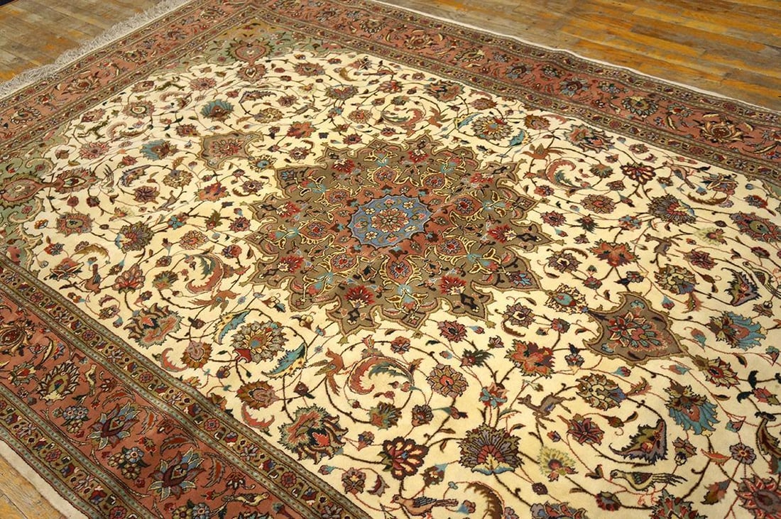 1940s Ivory Medallion Antique Persian Tabriz Rug Silk Highlights 5'11" X 9'6" Handknotted Wool Carpe - 4