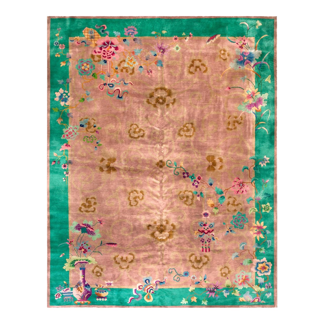 Wool Pile Hand Knotted Room Size Soft Mauve Color Antique Chinese Art Deco Area Rug: Wool Rectangle Room Size Coral Antique Chinese 1920s Knotted - Art Deco Rug, Circa Date: 1920s. This exceptional piece is a hallmark of the Chinese Art Deco period. Its generous dimensions classify