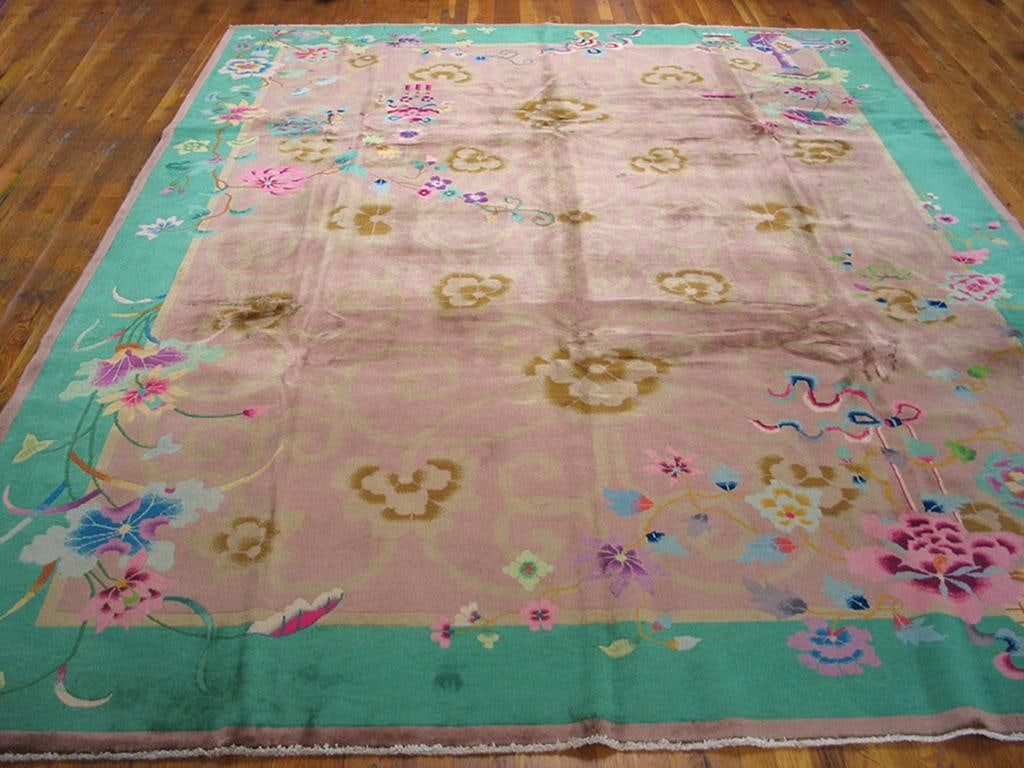 Wool Pile Hand Knotted Room Size Soft Mauve Color Antique Chinese Art Deco Area Rug - 2