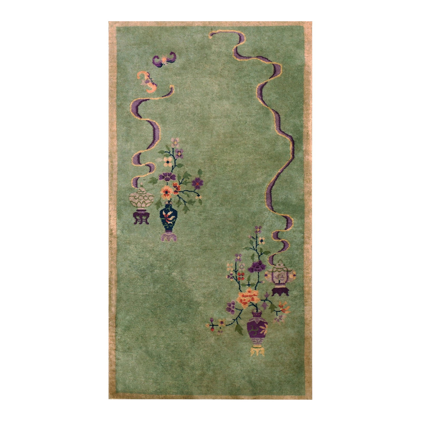 1920s Green Floral Antique Chinese Art Deco Rug 3' 0'' X 5' 8'' Handknotted Wool Carpet: 1920s Art Deco Rug. Measures: 3' 0'' x 5' 8''. Wool Antique Floral Chinese Art Deco Hand Knotted Pile 1920s Rug, Country of Origin: China, Circa Date: 1920s. This exquisite piece exemplifies the