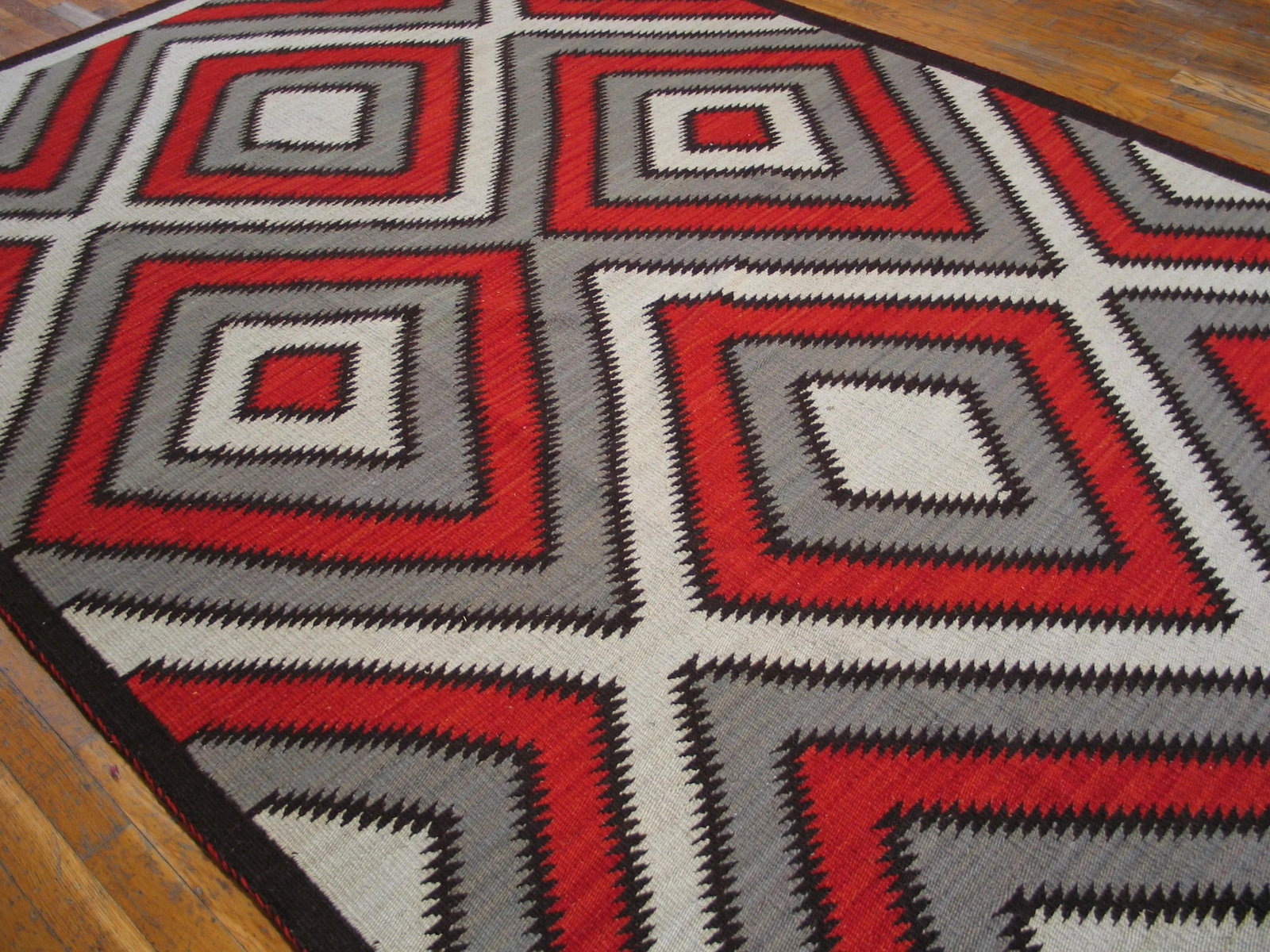 2000s Red Gray Diamond Modern Contemporary Navajo Rug 5' 0" X 8' 0" Flatweave Wool Carpet - 3