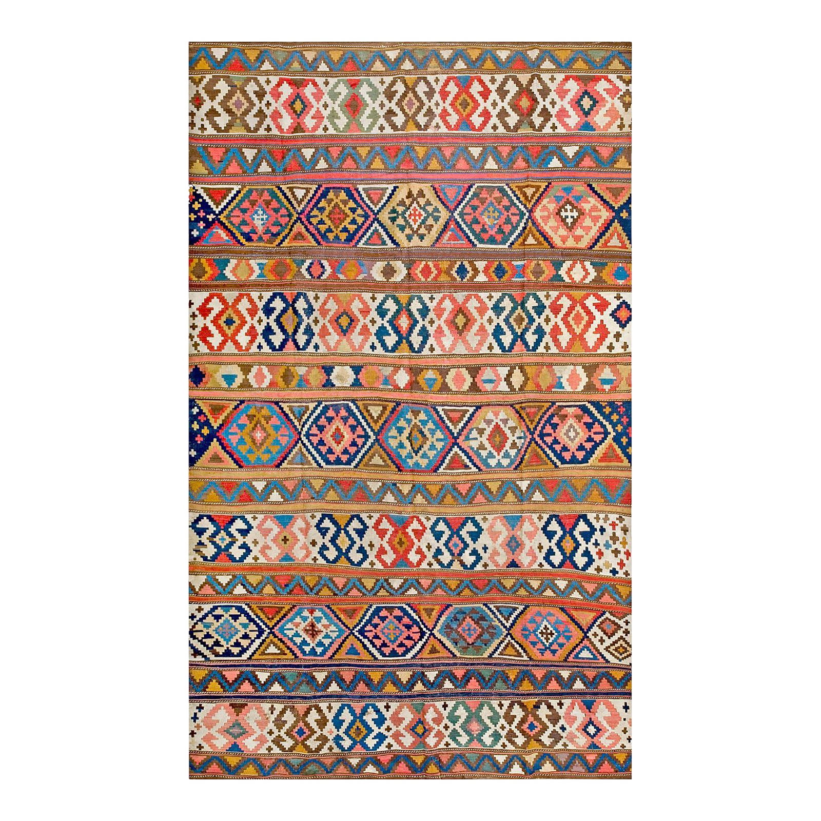 1920s Multicolor Geometric Kilim Antique Caucasian Flat-Weave Carpet 6'3" X 10' Wool Rug: Early 20th Century Caucasian Flat-Weave ( 6'3" x 10' - 190 x 304 ) Antique Allover Geometric Wool Flat Weave Multicolor Jewel Tones 1920s Rug, Circa Date: 1920s. This exceptional flat-weave textile,