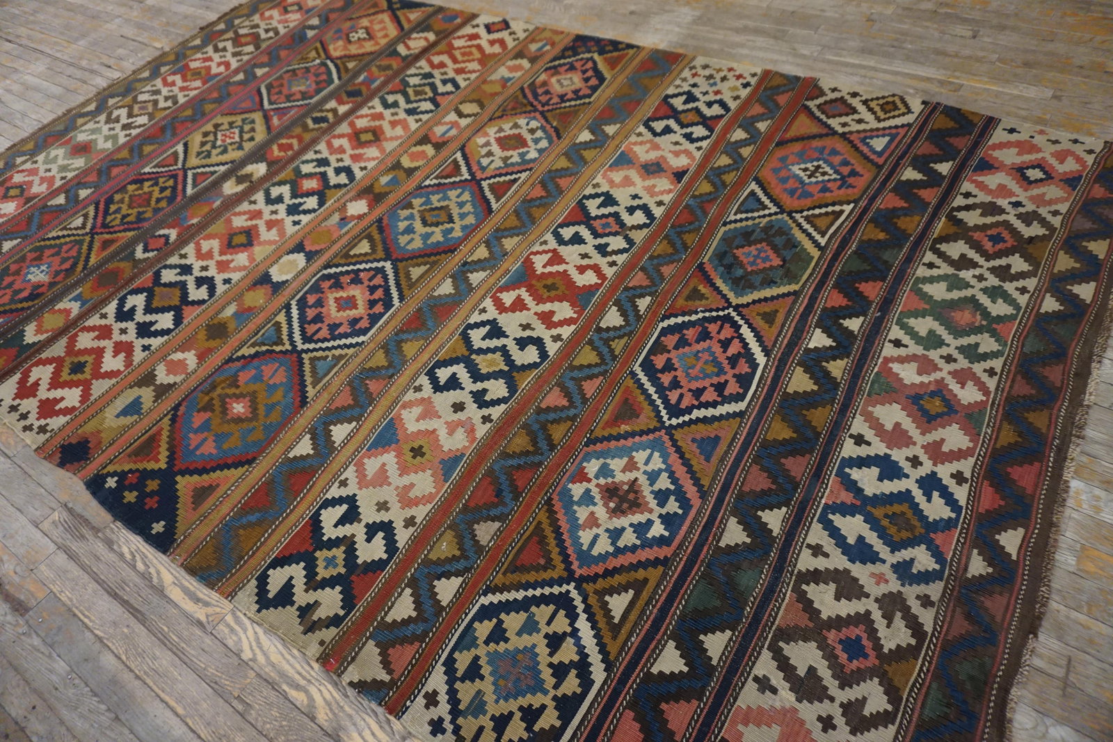 1920s Multicolor Geometric Kilim Antique Caucasian Flat-Weave Carpet 6'3" X 10' Wool Rug - 3