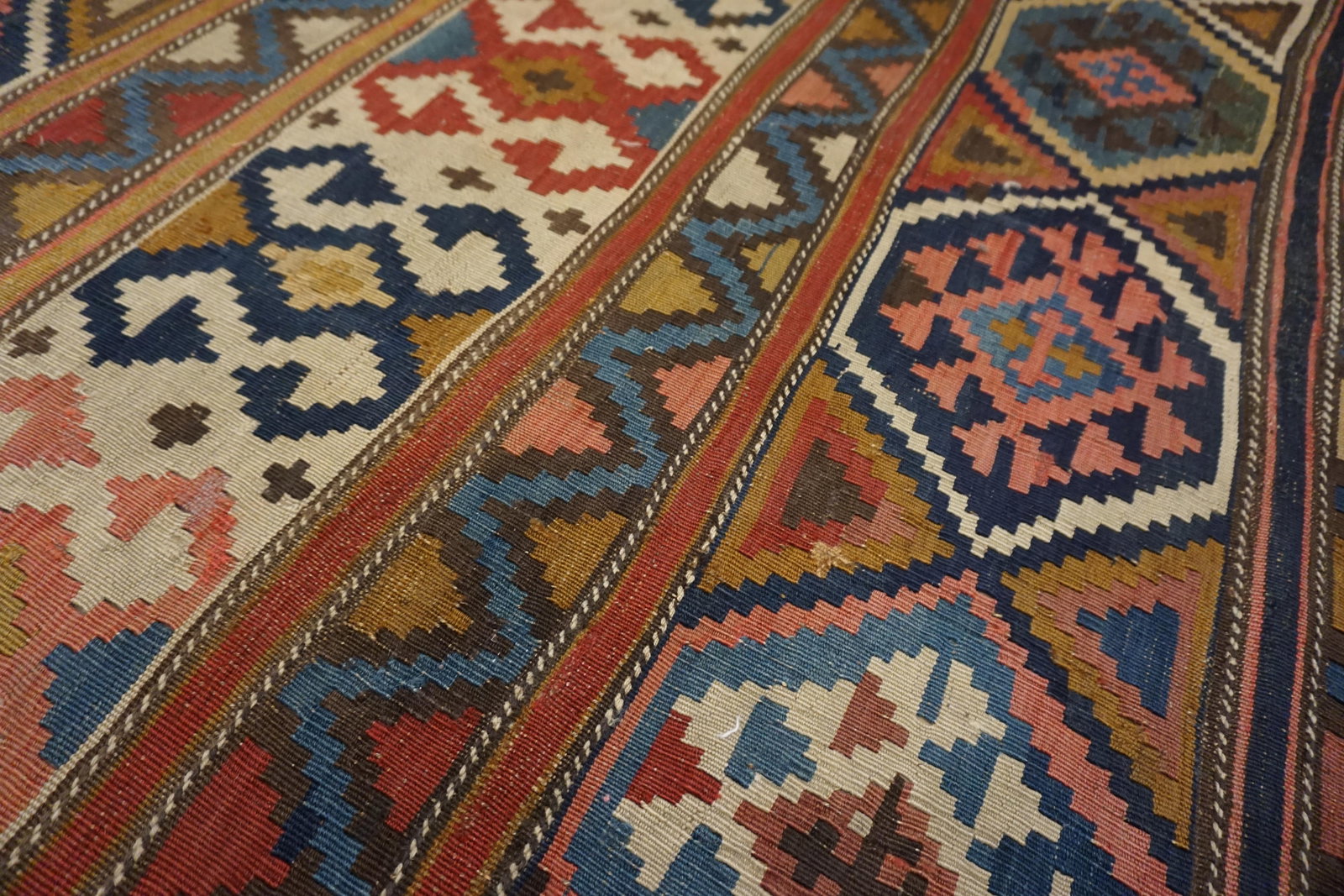 1920s Multicolor Geometric Kilim Antique Caucasian Flat-Weave Carpet 6'3" X 10' Wool Rug - 4