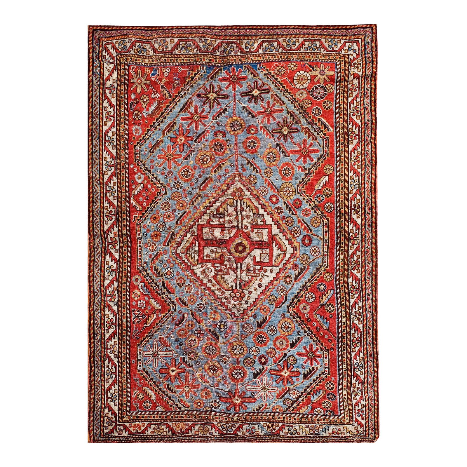 1890s Sky Medallion Tribal Antique S. Persian Ghashgaie Rug 4'2" X 6'2" Handknotted Wool Carpet: 19th Century S. Persian Ghashgaie Rug ( 4'2" x 6'2" - 127 x 188 ) Antique khamse Persian Knotted Rug, Circa Date: 1890s. This exceptional example of tribal weaving captures the raw, powerful