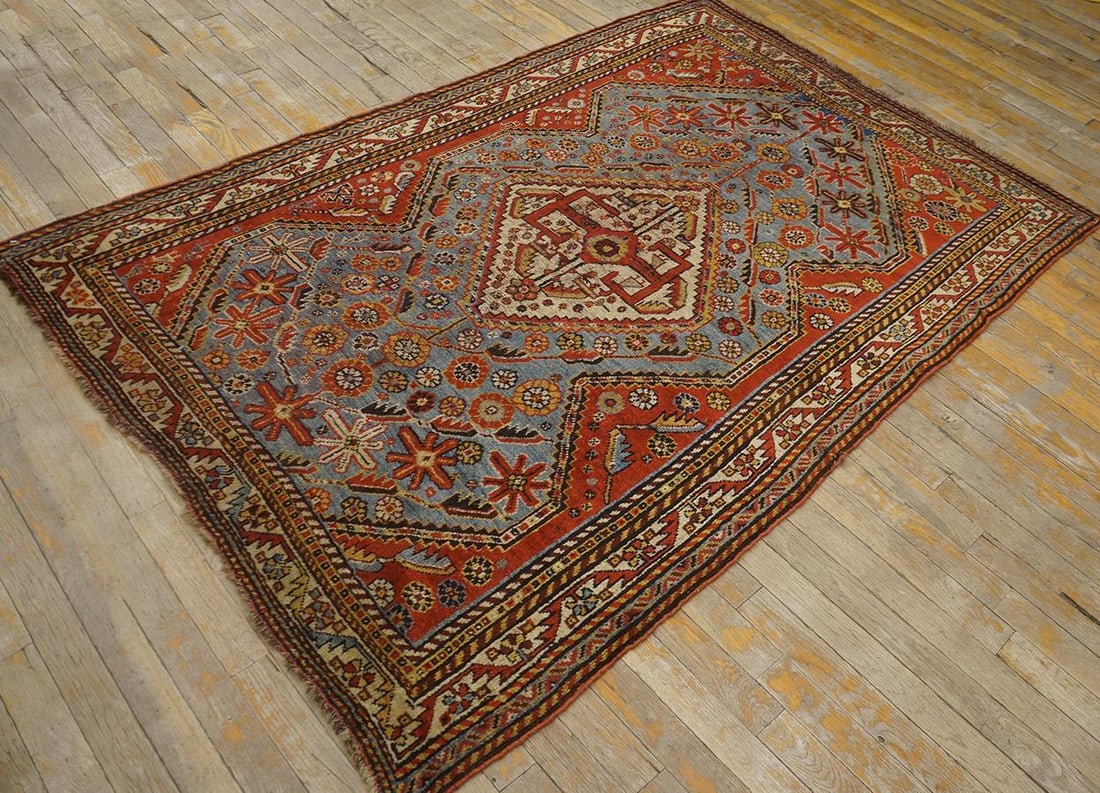 1890s Sky Medallion Tribal Antique S. Persian Ghashgaie Rug 4'2" X 6'2" Handknotted Wool Carpet - 3