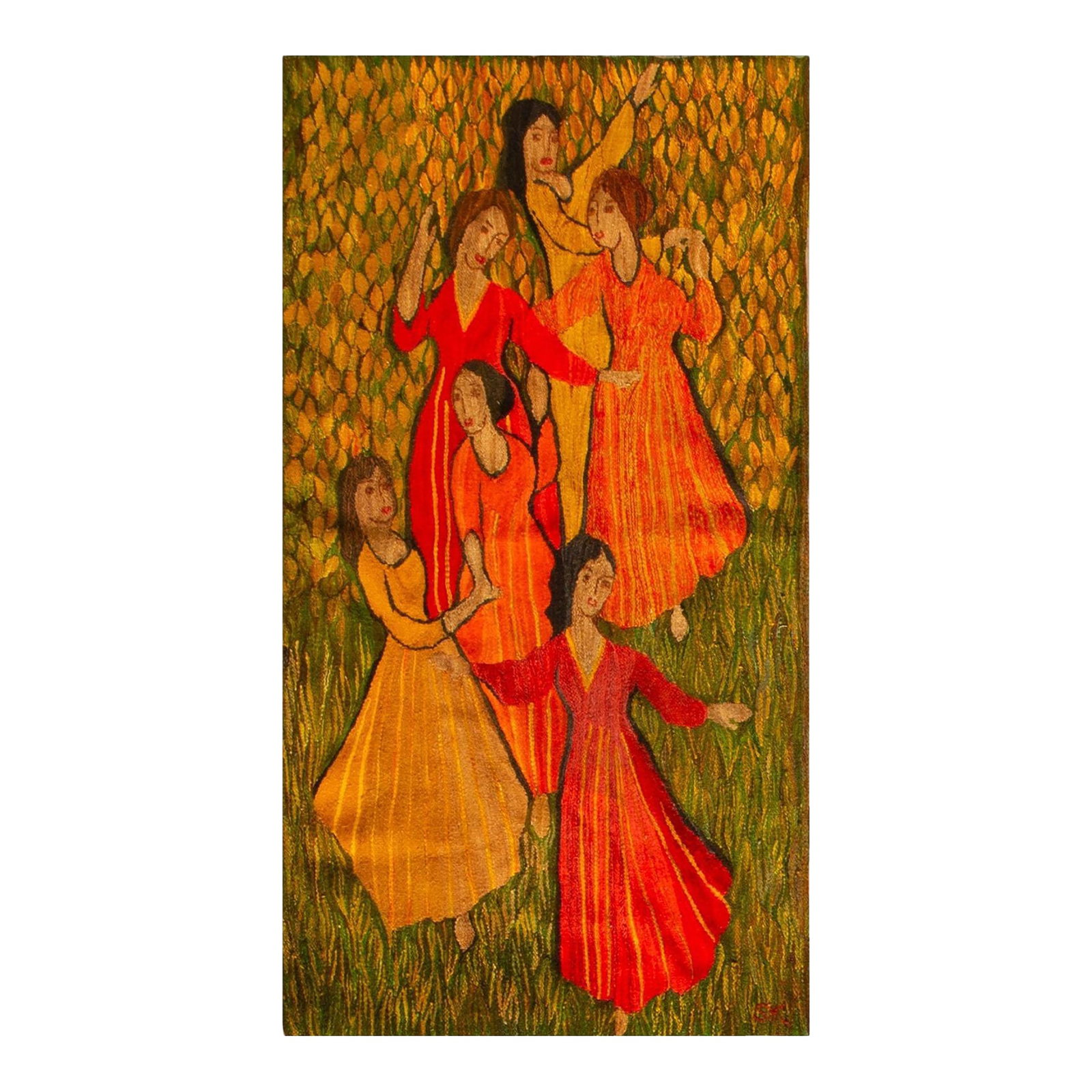 1875s Green Women Dancing Antique French Tapestry Rug 1875 Flatweave Wool Carpet: Technically, any neff patered fabric in which the discontinuous wefts are separated by slits, or are joined by warp sharing or weft interlocking. In this broad sense, a tapestry could be Turkish (kili