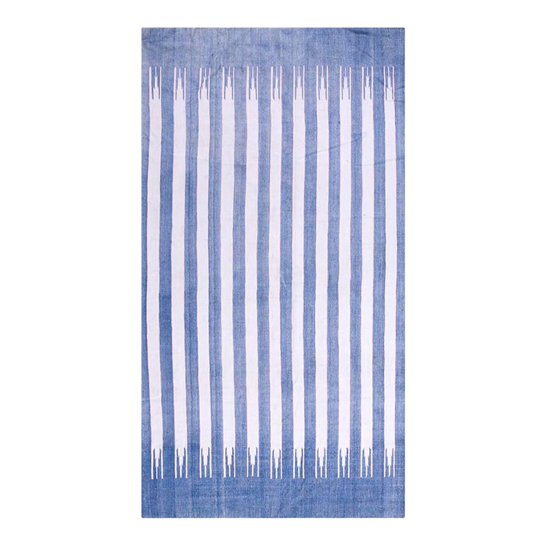 1930s White Blue Stripe Modern Antique Indian Cotton Dhurrie Carpet 5'10" X 10'9" Flatweave Rug: Charming Antique Dhurrie Striped Rug from India, Country of Origin: India, Circa Date: 1930s. This striking textile represents a sophisticated example of antique rugs from the early 20th century.