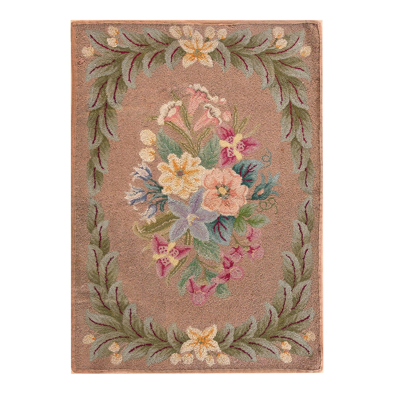 1930s Tan Taupe Floral Folk Art Antique American Hooked Rug 2'3" X 3'1" Handknotted Wool Carpet: Antique American Hooked rug. Size: 2'3" x 3'1". This circa 1930 antique American rug is a sophisticated example of the "Cottage Elegance" that emerged during the early 20th century. While many