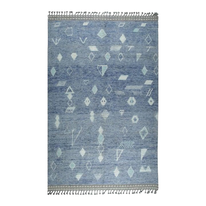 6x9 Blue Hand-Knotted Wool Faded Denim Texture Tribal Modern Carpet Rug: This blue hand knotted pile rug is crafted from wool and features a traditional Berber carpet style. Produced in Pakistan, this area rug combines durable natural fibers with a medium pile thickness. T