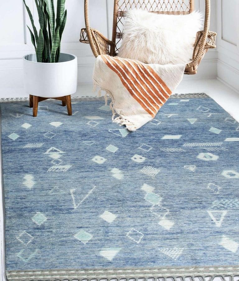 6x9 Blue Hand-Knotted Wool Faded Denim Texture Tribal Modern Carpet Rug - 7