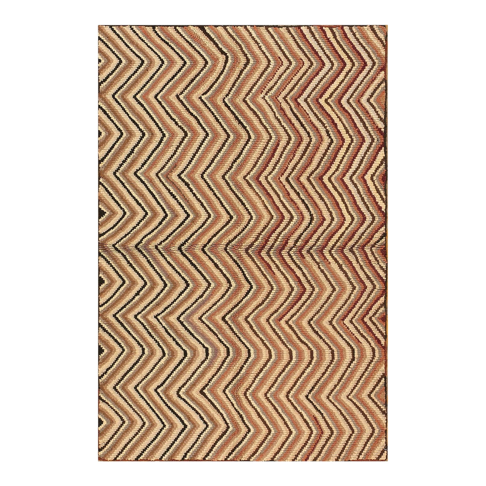 1960s Multicolor Chevron Vintage American Hooked Rug 3'9" X 6'3" Handknotted Wool Carpet: Mid 20th Century American Hooked Rug ( 3'9" x 6'3" - 114 x 191 ) Condition: Alterations: Unknown Imperfections: Some Imperfections Condition Notes: Good Origin: United States Materials &