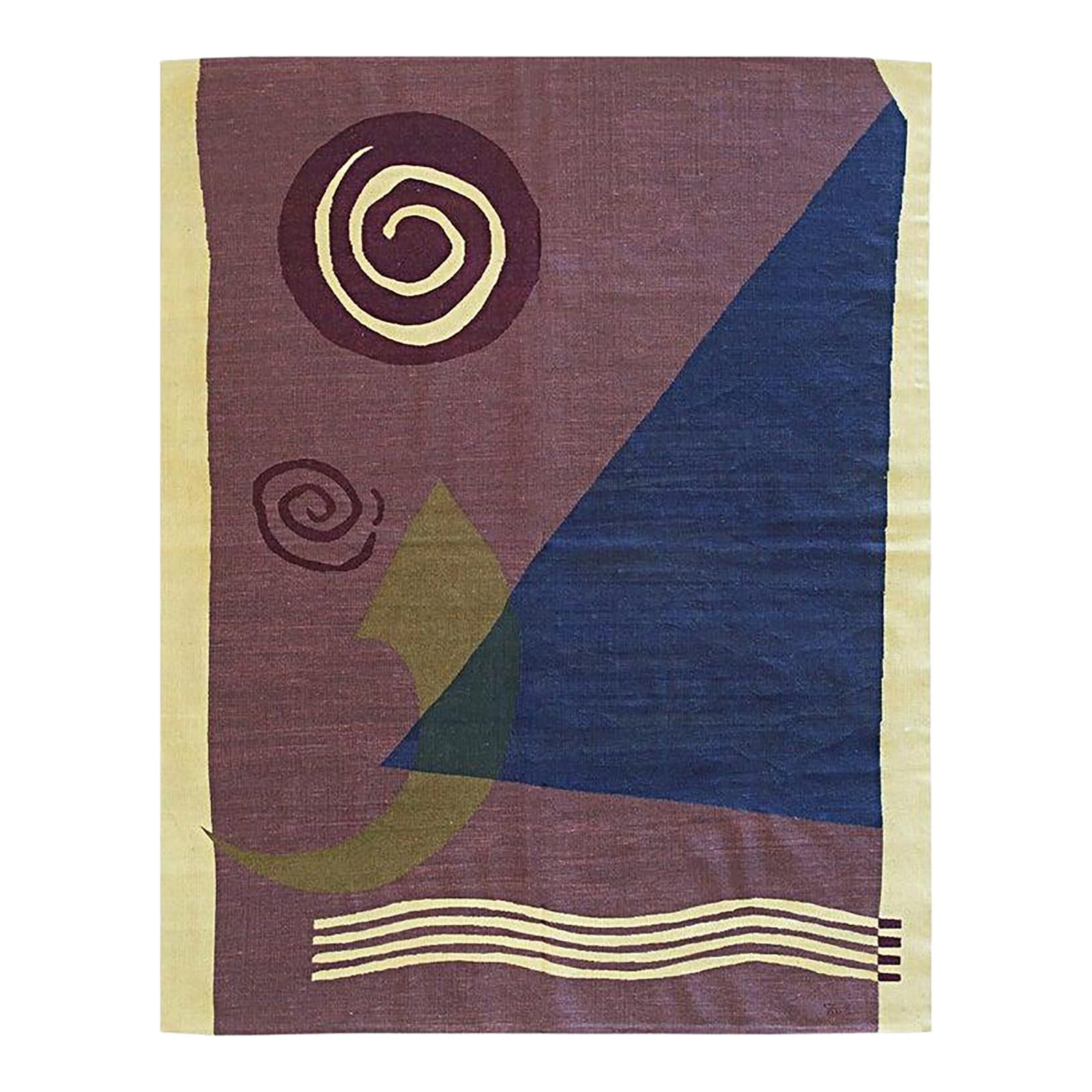6x8 Purple Flat Weave Wool Geometric Abstraction Vintage Mid Century Carpet Rug: This purple wool rug features a flat weave construction in the Kilim style. Sourced from China, the piece displays a color palette ranging from lavender to mauve. The medium pile thickness offers a su