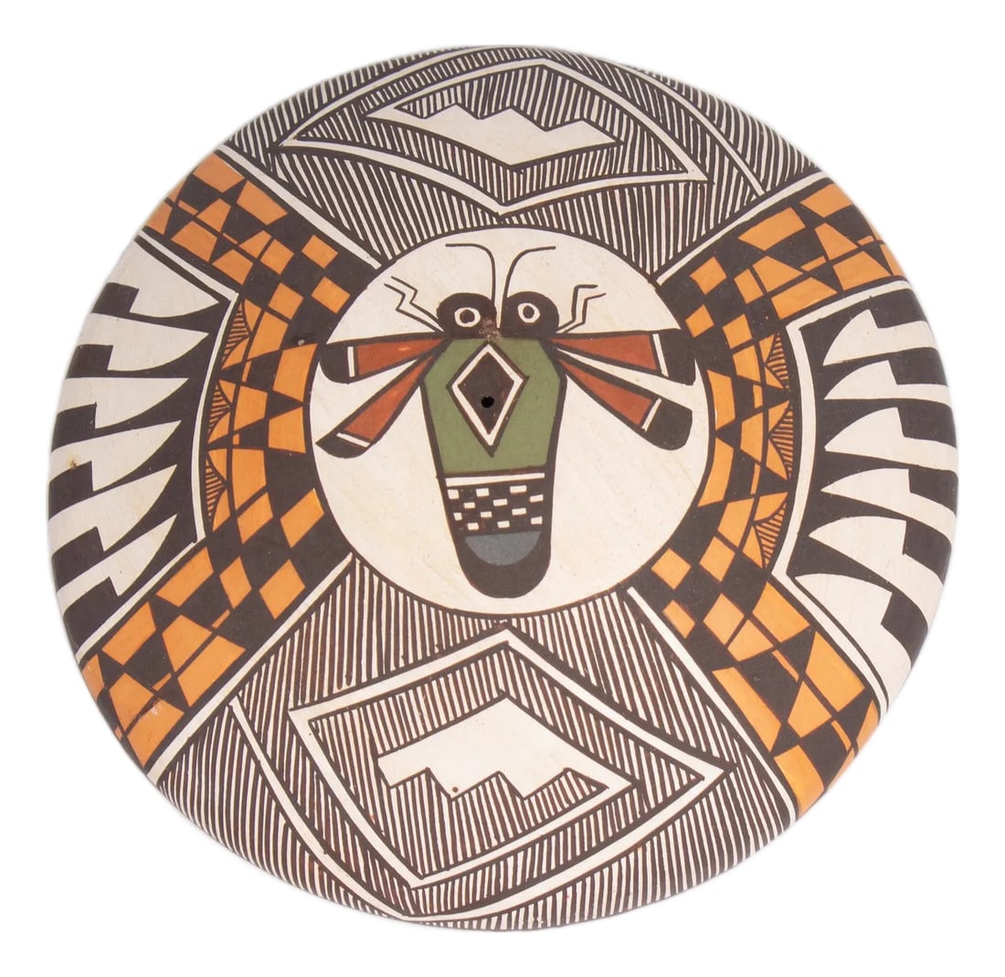 Signed Acoma Native America Seed Pot With Bug Design by Diane Lewis: A pottery seed pot by the Acoma potter Diane Lewis. This small seed pot features an intricate design on the top a stylized bug design at the center. The underside of the pot is signed "Diane Lewis."