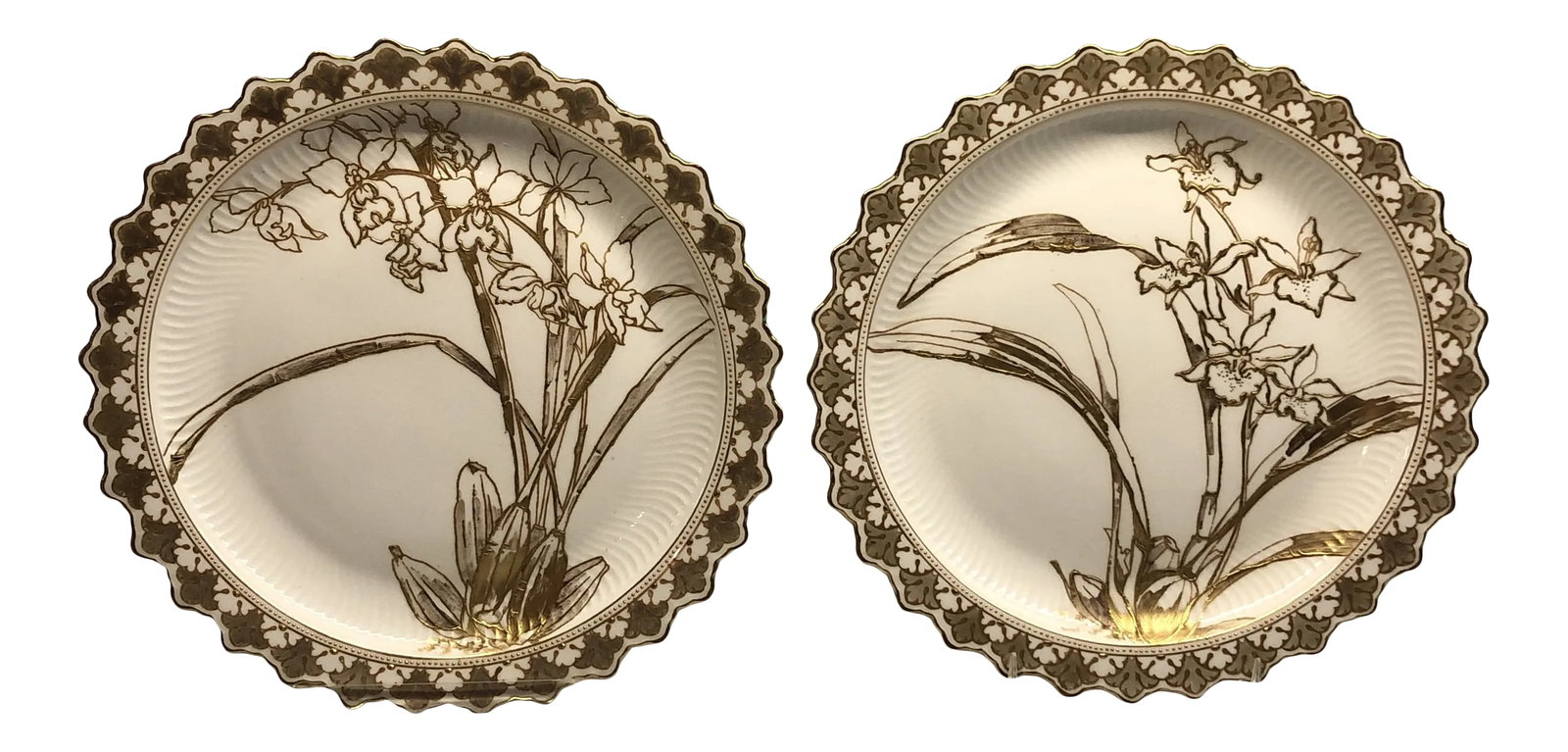Antique Doulton Burselm Cabinet Plates- a Pair: Gorgeous pair of antique circa 1860 hand painted and gilded cabinet plates with scalloped gilded borders. Beautiful iris "Japonism" design with lavish raised gilding. Excellent condition. Marked with