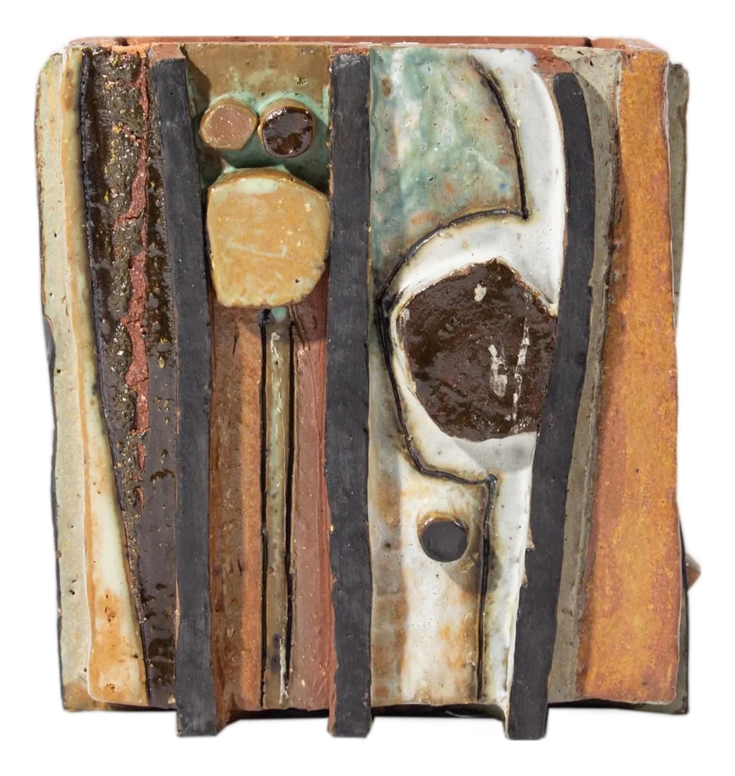 1967 Studio Pottery Vase by Mary Ann Wurst: A 1967 studio pottery vase by American artist Mary Ann Wurst. This hand-built vase features applied stripes and circular shapes in brown, green, tan, and black. The vase is signed and dated on the