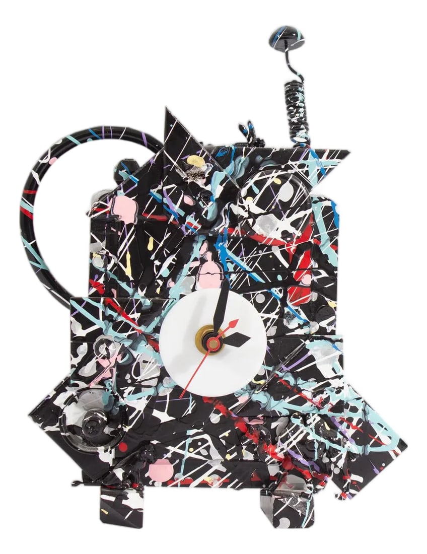 Richard Birkett Signed 1990 Splatter Fantasy Clock: A 1990 "Fantasy" Postmodern clock by the American artist Richard Birkett. Made from a variety of found objects, the clock is painted black with colorful splattered paint throughout. Small animal