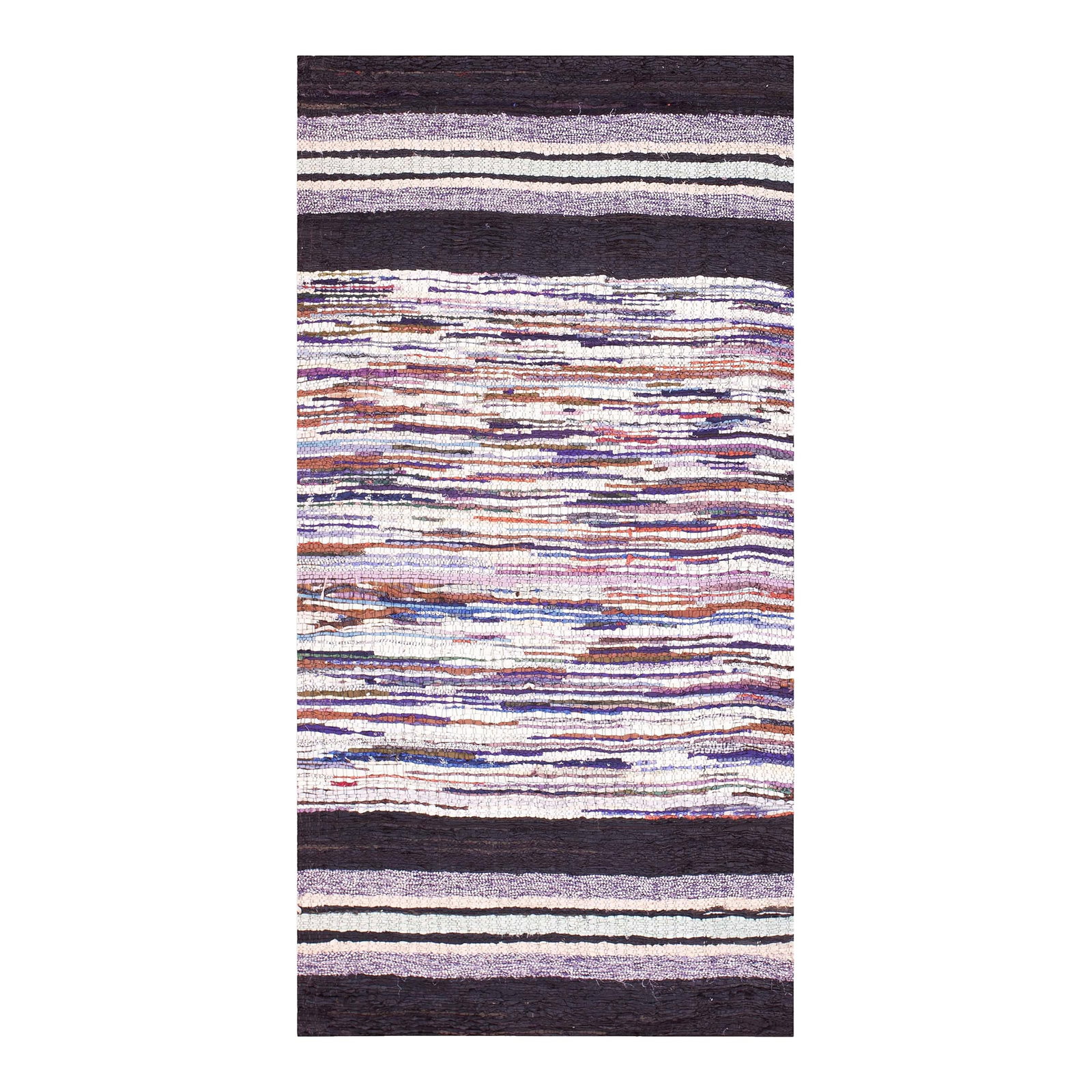 1940s Multicolor Stripe Antique American Rag Rug 3' 4" X 6' 4" Hand Knotted Wool Carpet: Antique American Rag rug, size: 3'4" x 6'4". Antique American Rag Rug American Multicolor 1940s, Circa Date: 1940s. This charming textile exemplifies the resourceful and durable nature of the