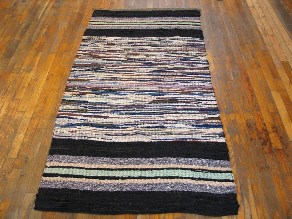 1940s Multicolor Stripe Antique American Rag Rug 3' 4" X 6' 4" Hand Knotted Wool Carpet - 2
