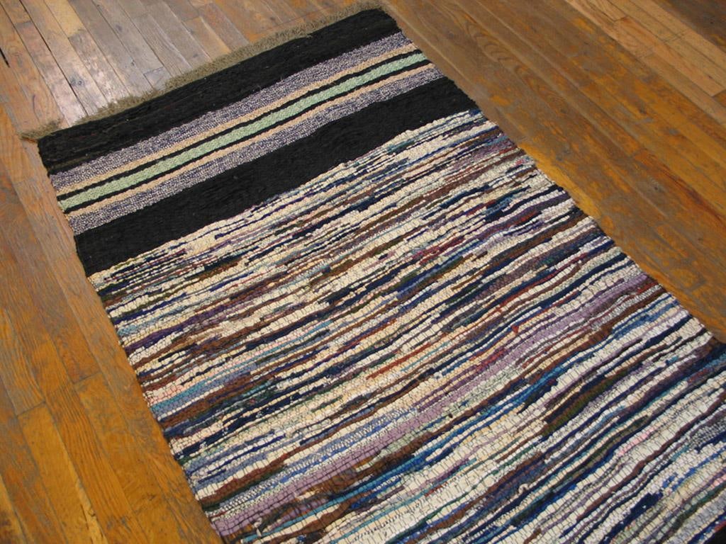 1940s Multicolor Stripe Antique American Rag Rug 3' 4" X 6' 4" Hand Knotted Wool Carpet - 6
